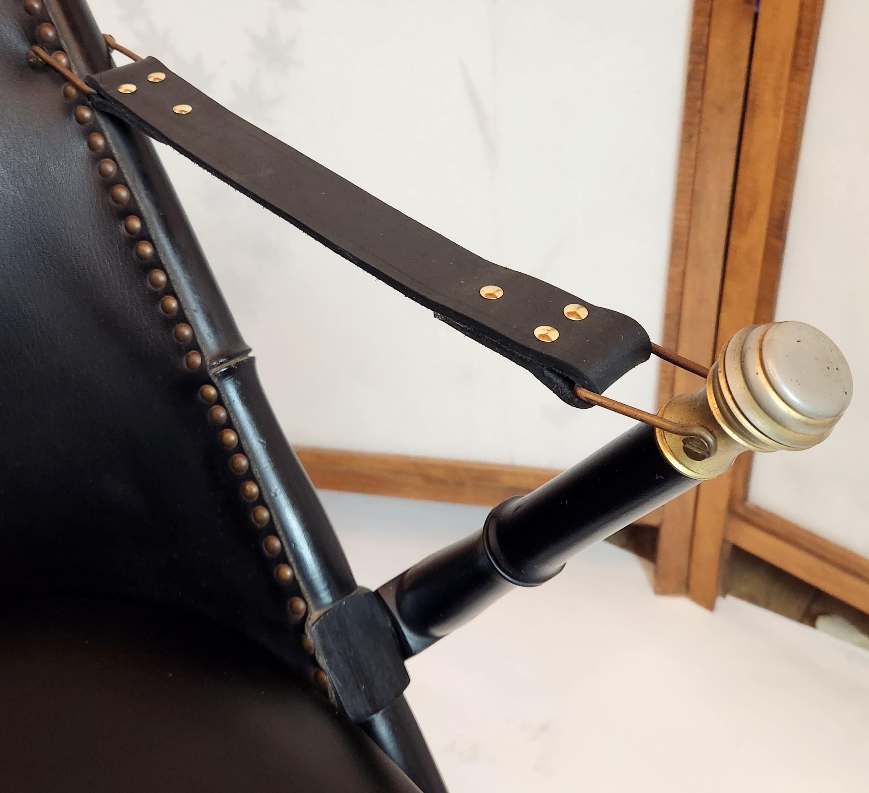 Classic Italian Folding Campaign Chair in Black Leather, C. 1965 For Sale 1