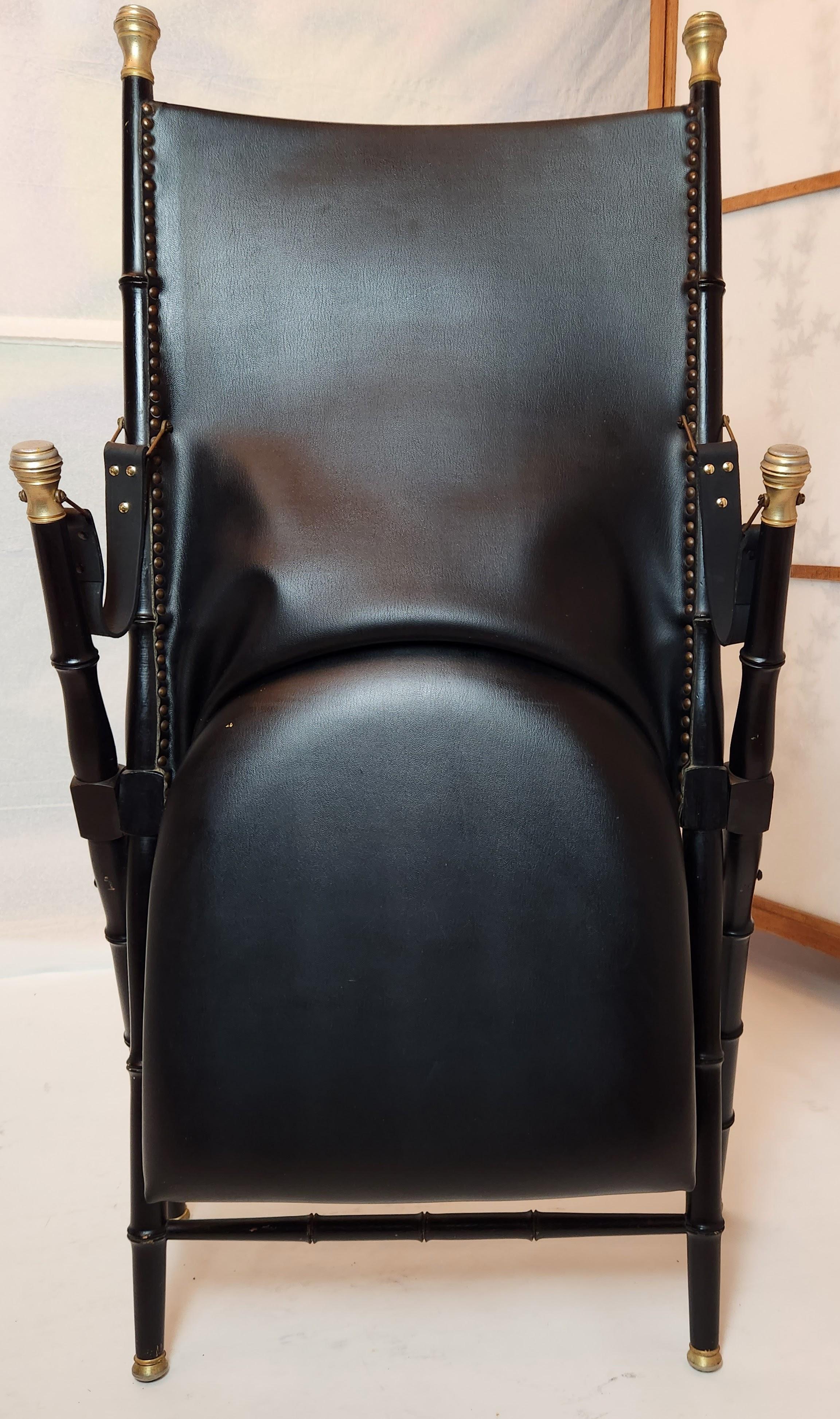 Carved Classic Italian Folding Campaign Chair in Black Leather, C. 1965 For Sale