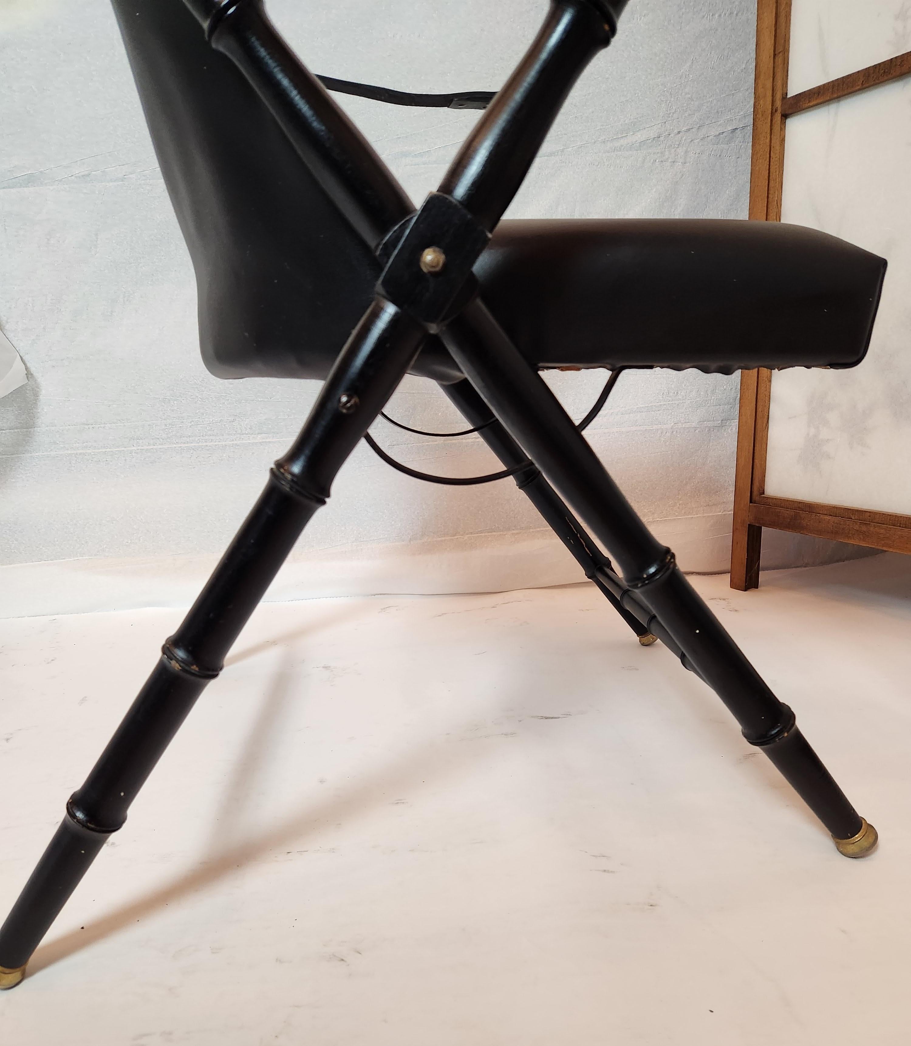 Brass Classic Italian Folding Campaign Chair in Black Leather, C. 1965 For Sale