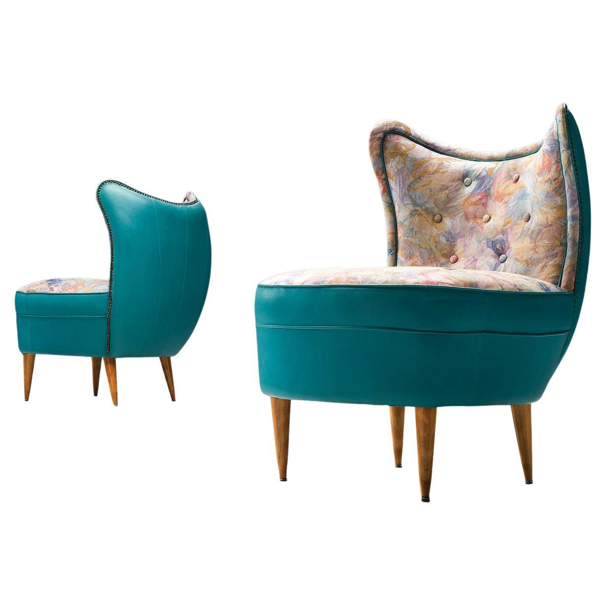 Classic Italian Pair of Lounge Chairs in Turquoise Leatherette For Sale