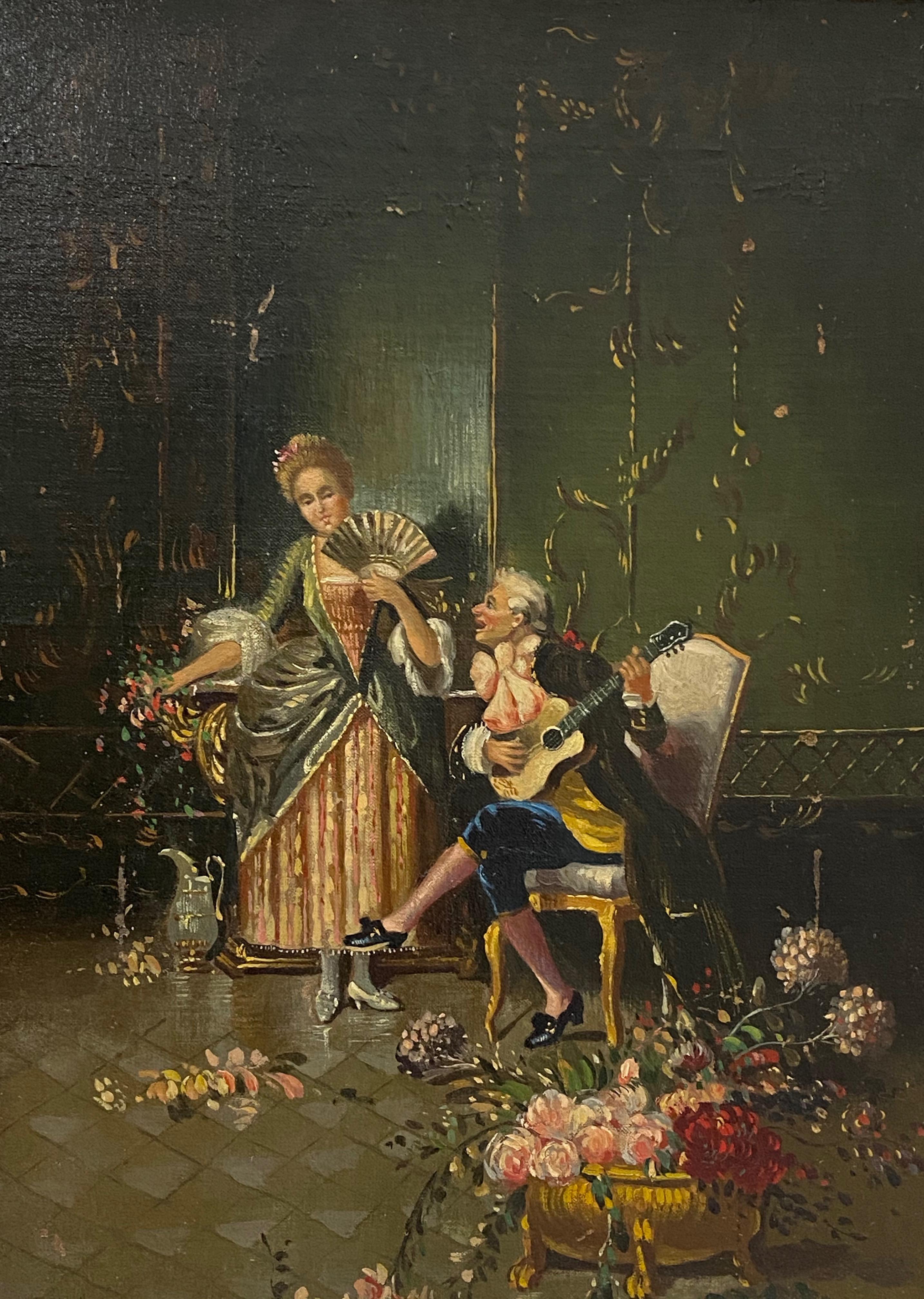 Peinture à l'huile italienne classique de romance signée Castiglione,

circa 1940s-1950s

Le tableau représente un jeune homme qui fait la cour à une jeune femme avec sa guitare.

Réalisé à l'huile sur masonite et logé dans un joli cadre