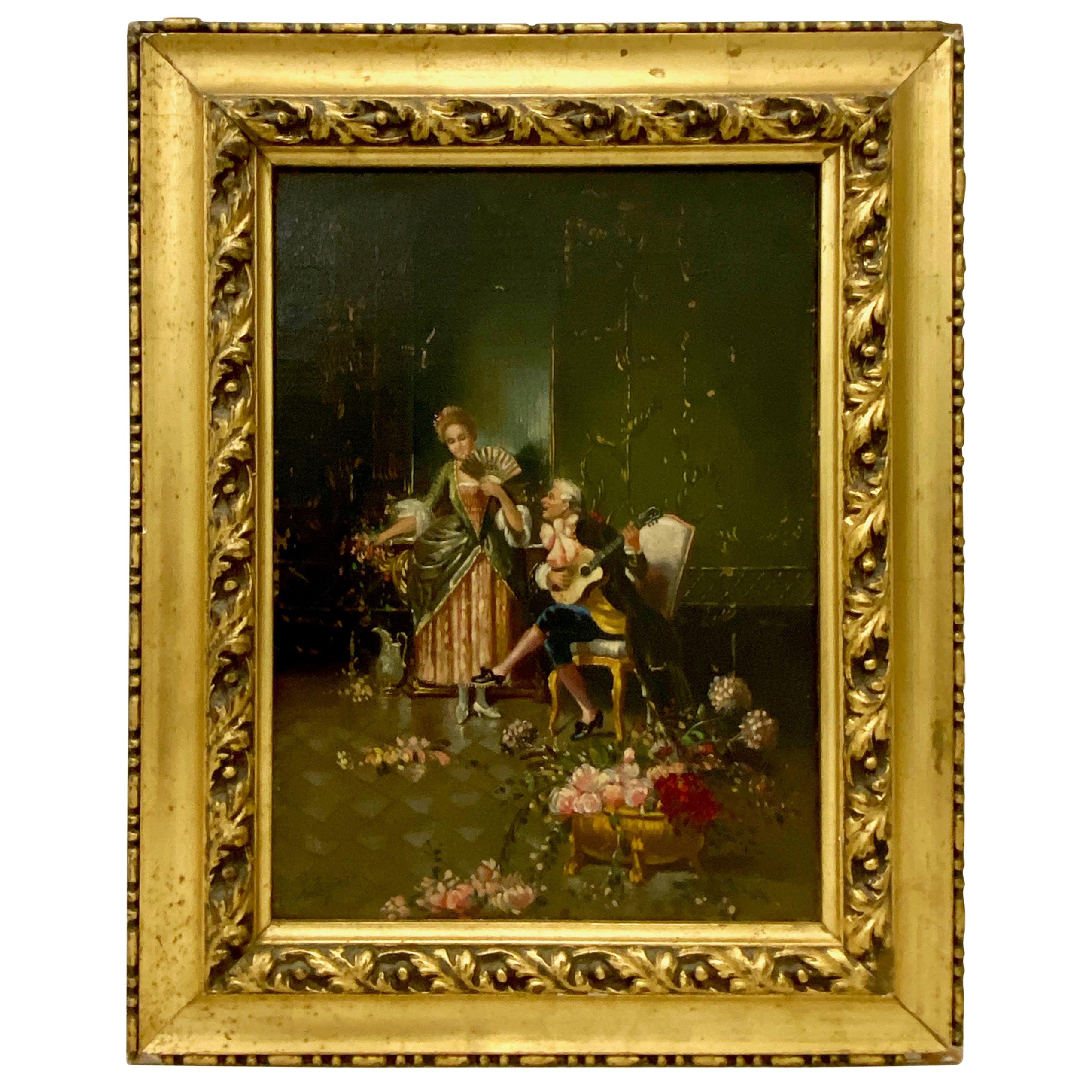 Romance italienne classique Peinture à l'huile signée Castiglione en vente