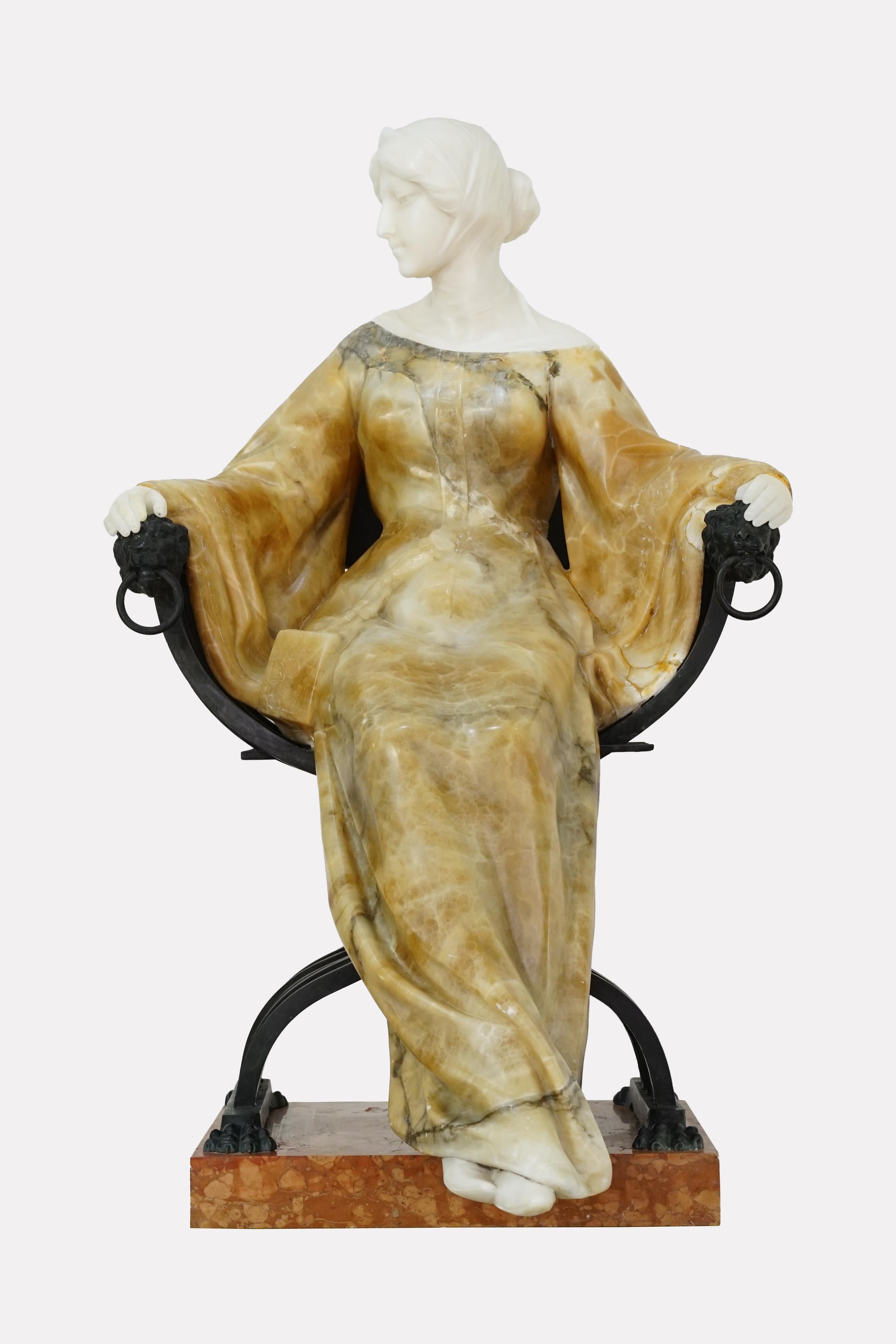 Classic Italian sculpture Antonio Frilli
Origin Italy Circa 1900
Reason: Beatrice
Artist: Antonio Frilli (1860-1920)
Mterialies: Alabaster Woman, Savonarola Style Chair in Bronze, Marble Base
The alabaster is in two colors and the marble is Rosa