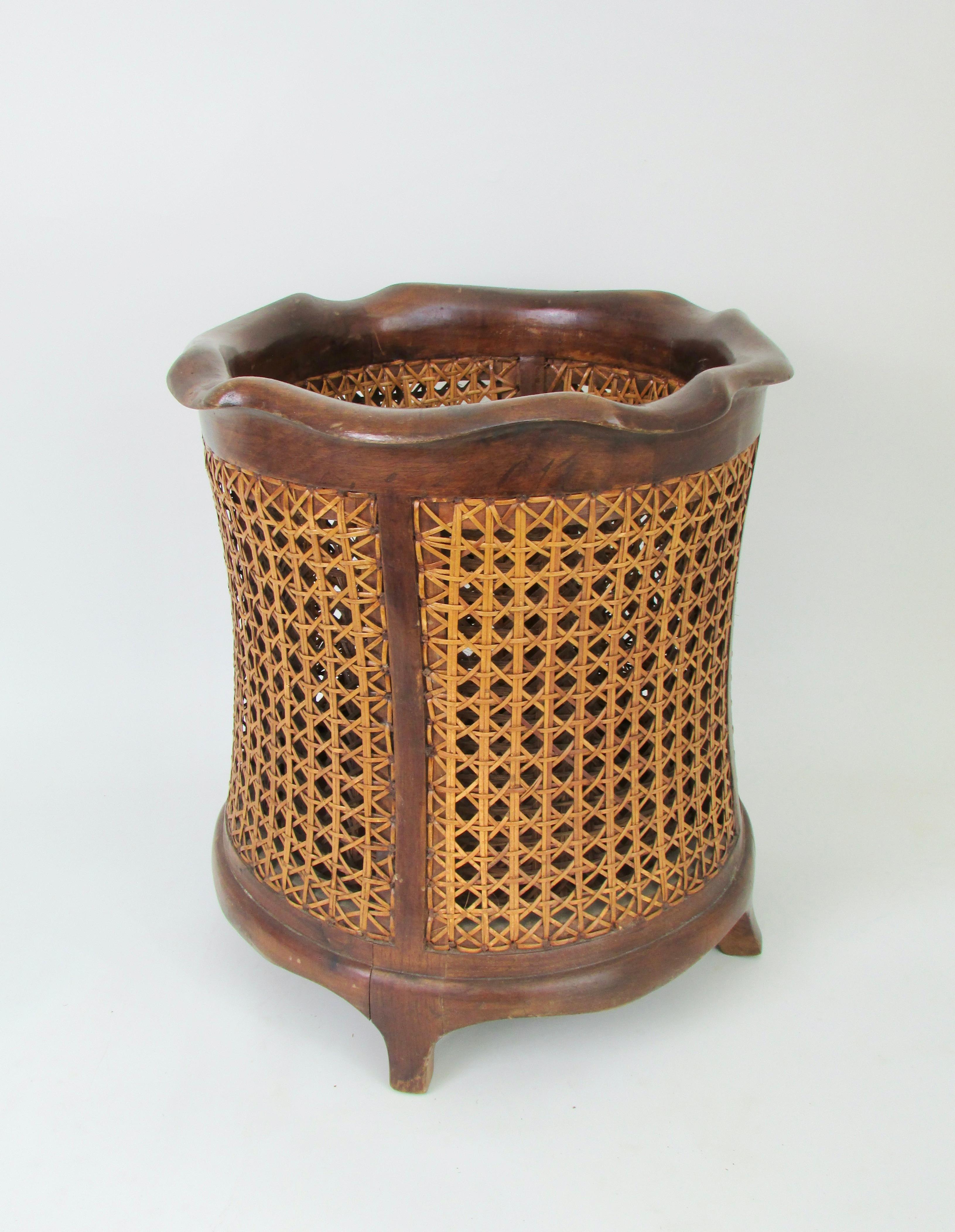 Classic Italian solid walnut waste basket with hand caned side panels 1