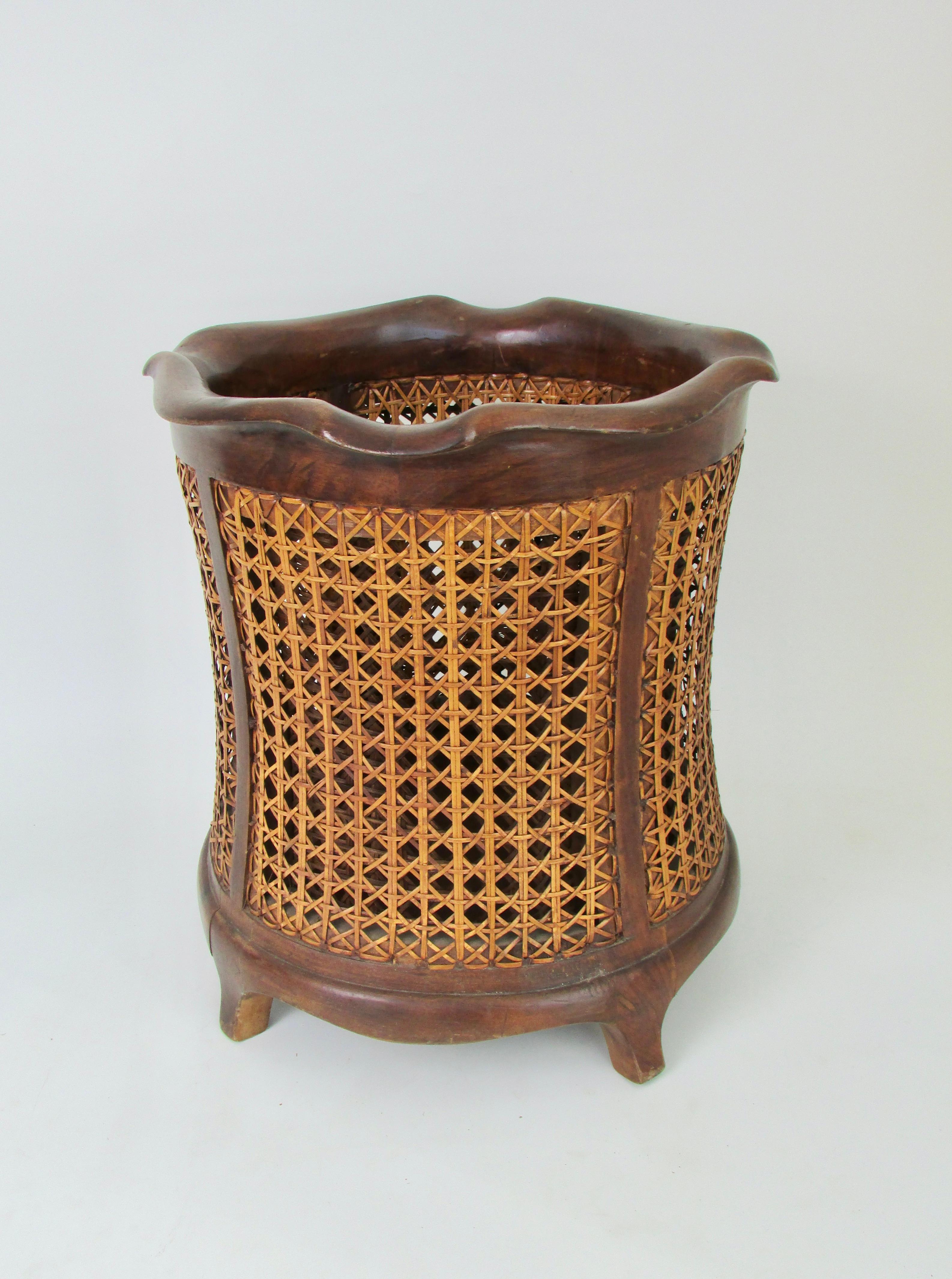 Classic Italian solid walnut waste basket with hand caned side panels 2