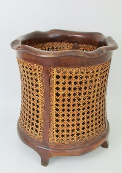 Classic Italian solid walnut waste basket with hand caned side panels
