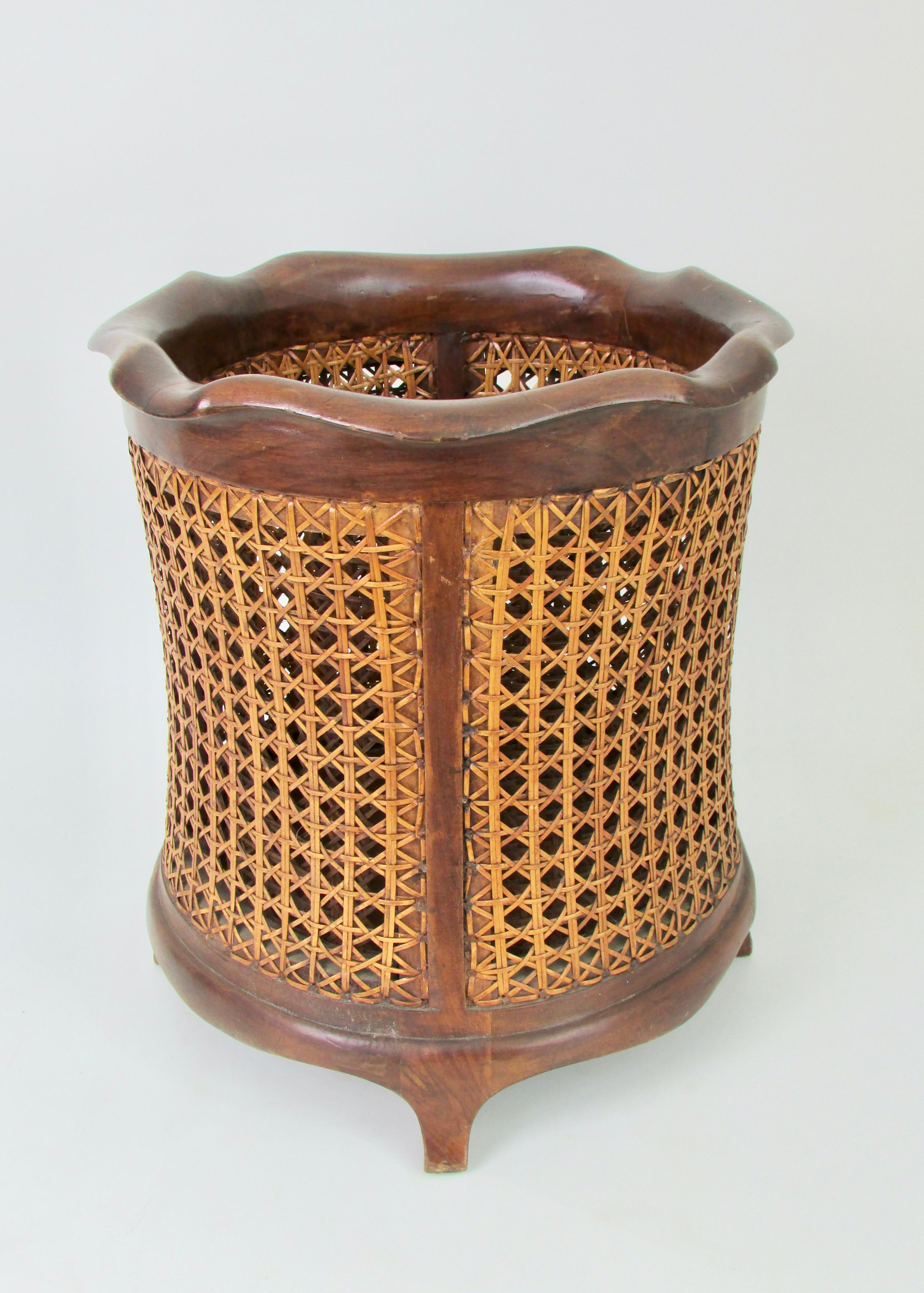 Rococo Revival Classic Italian solid walnut waste basket with hand caned side panels