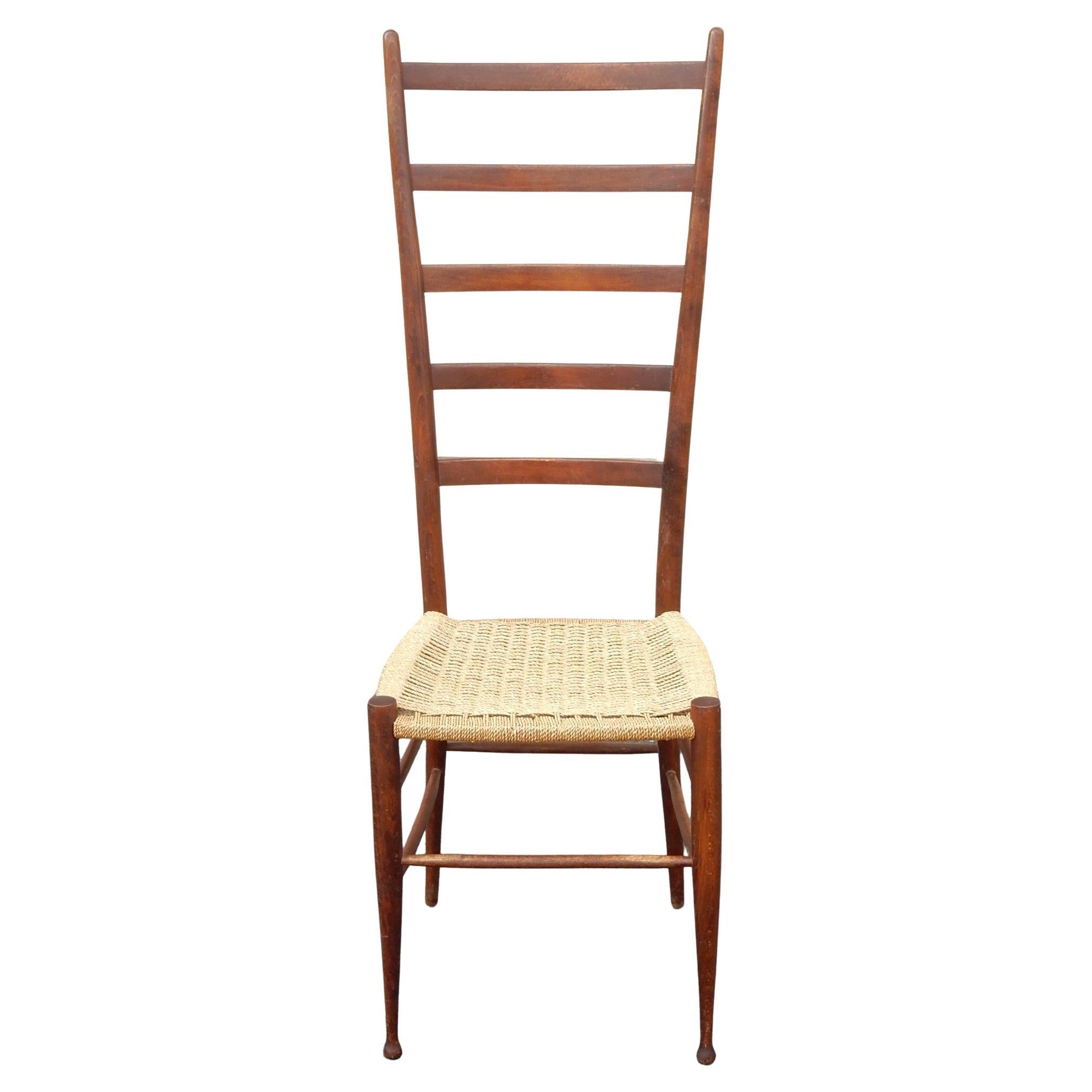 Exceptional tall ladderback chair with woven jute seating.
Styled after Italian designer Gio Ponti. This chair was made in Italy. 
Chair is completely original with no damage or repairs.
