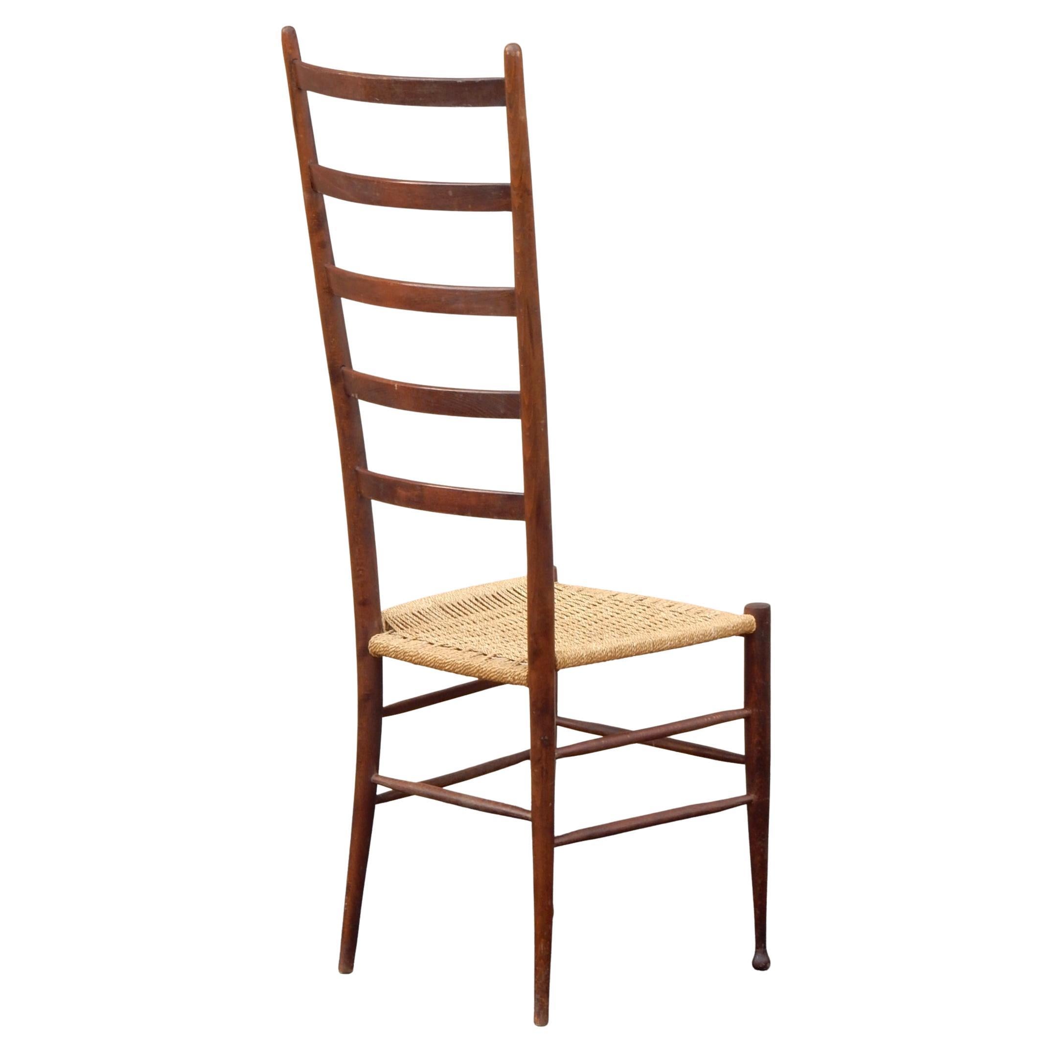 Classic Italian Tall Ladderback Chair with Woven Jute Seat, 1950's In Good Condition For Sale In Las Vegas, NV