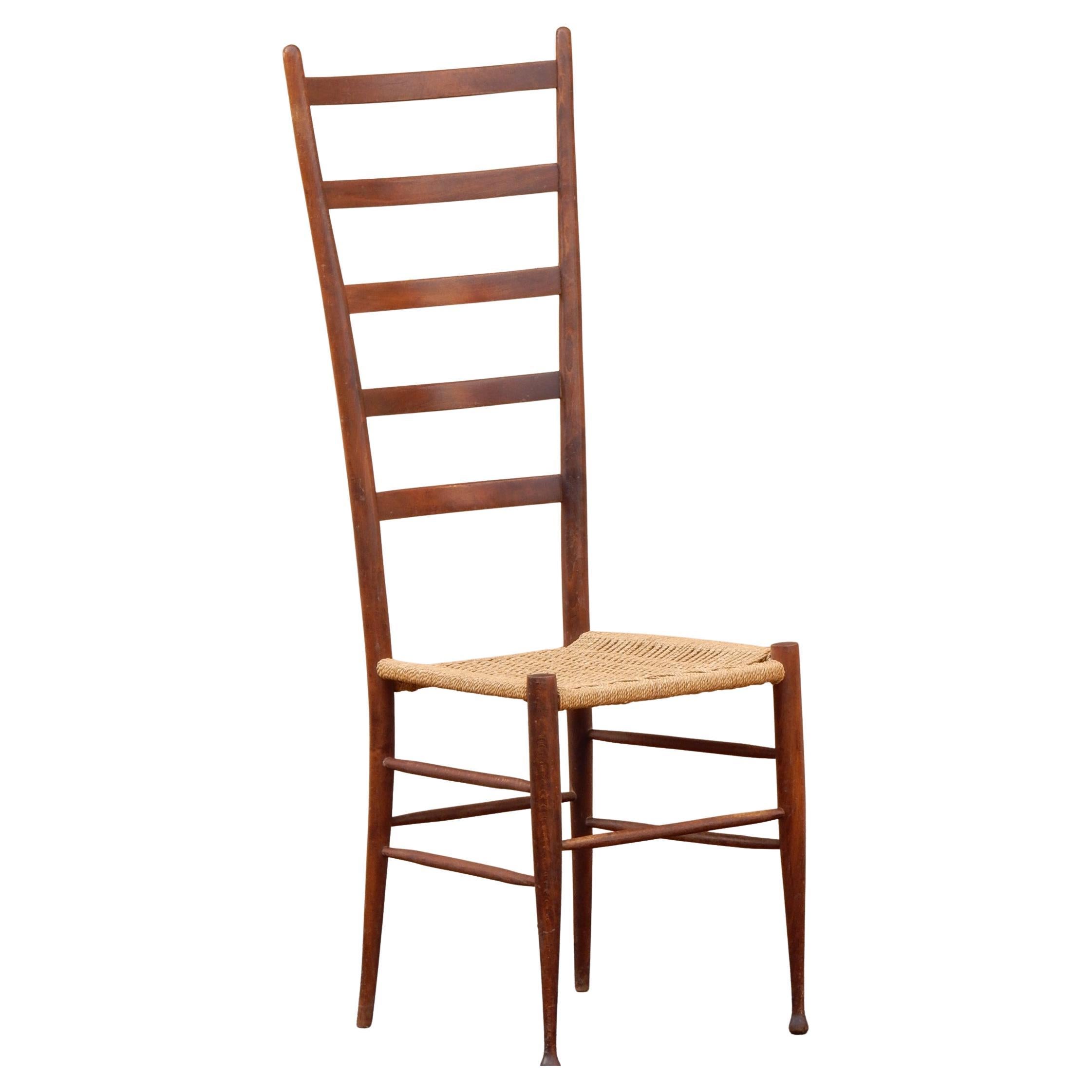 Wood Classic Italian Tall Ladderback Chair with Woven Jute Seat, 1950's For Sale