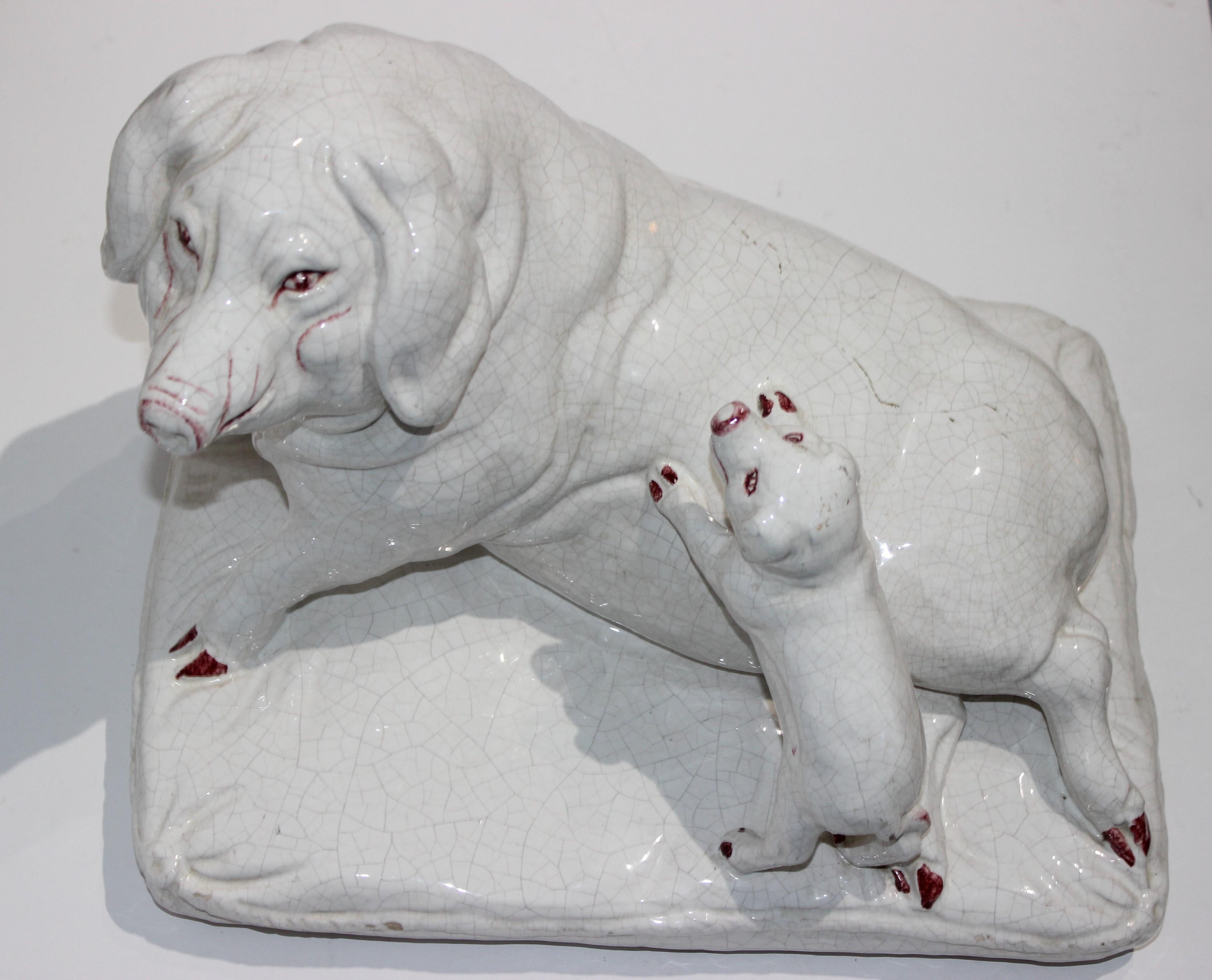 Classic Italian Terracotta Cucina Sculpture Pig and Piglet Crackle Glaze 3