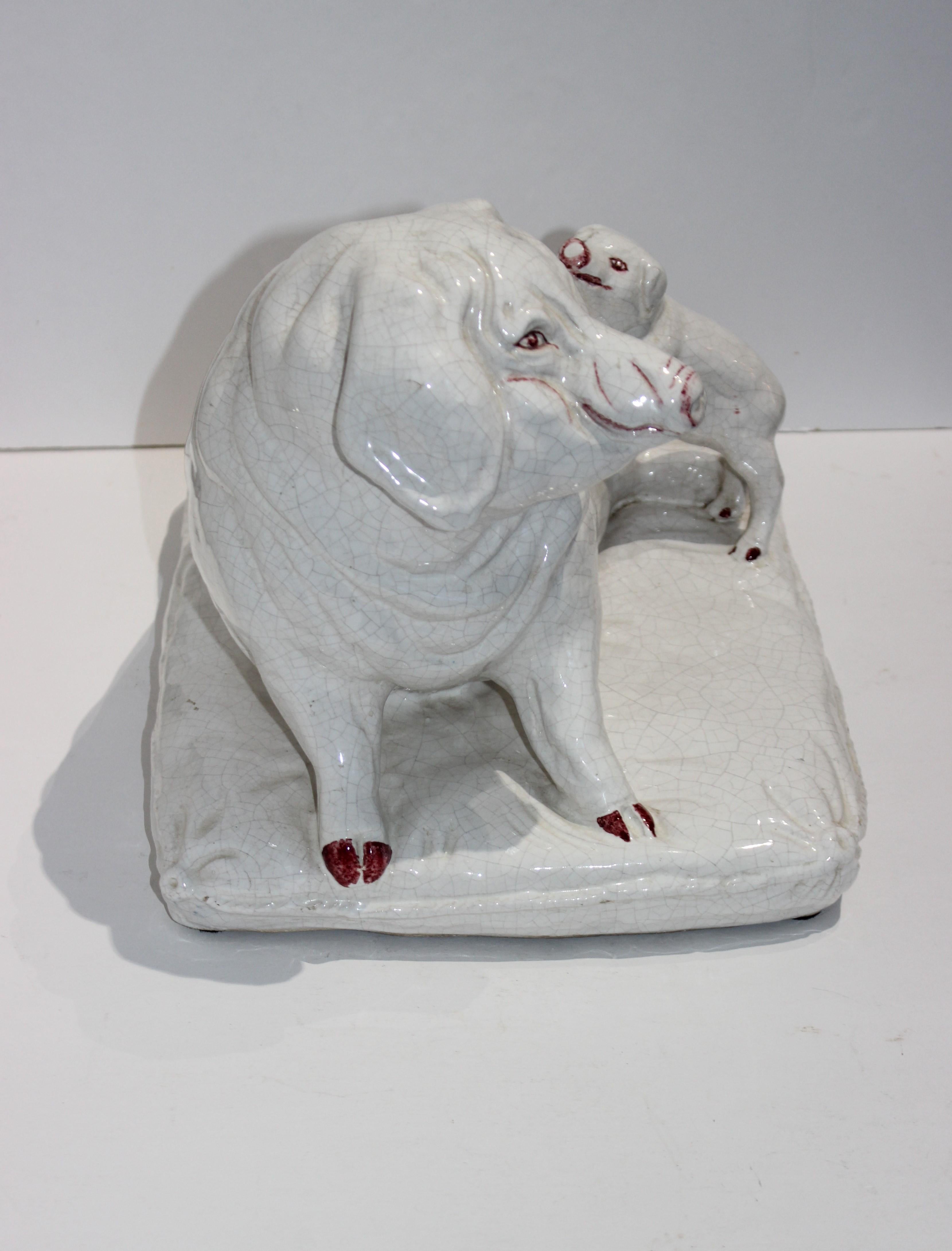 20th Century Classic Italian Terracotta Cucina Sculpture Pig and Piglet Crackle Glaze