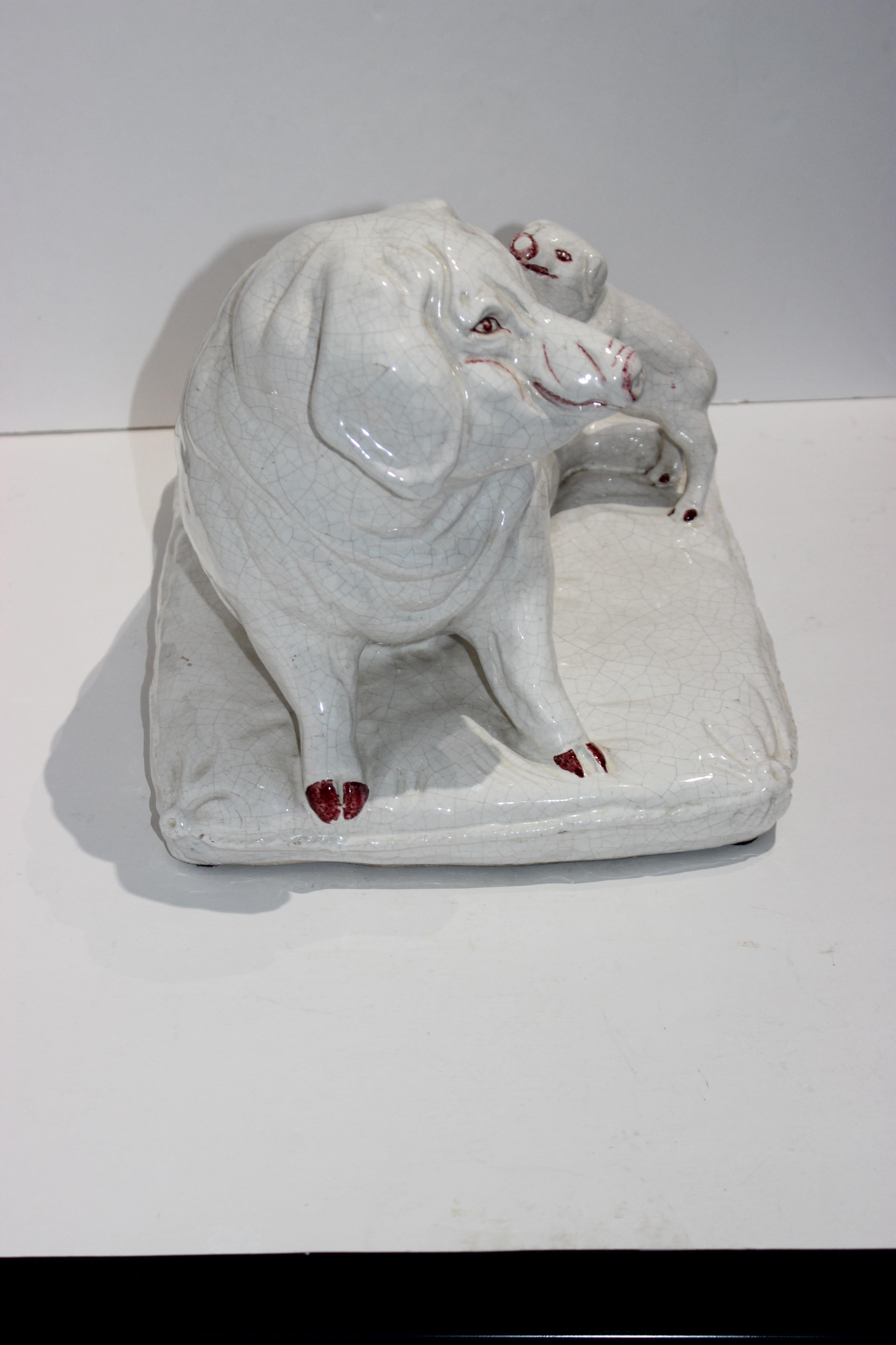 Classic Italian Terracotta Cucina Sculpture Pig and Piglet Crackle Glaze 1