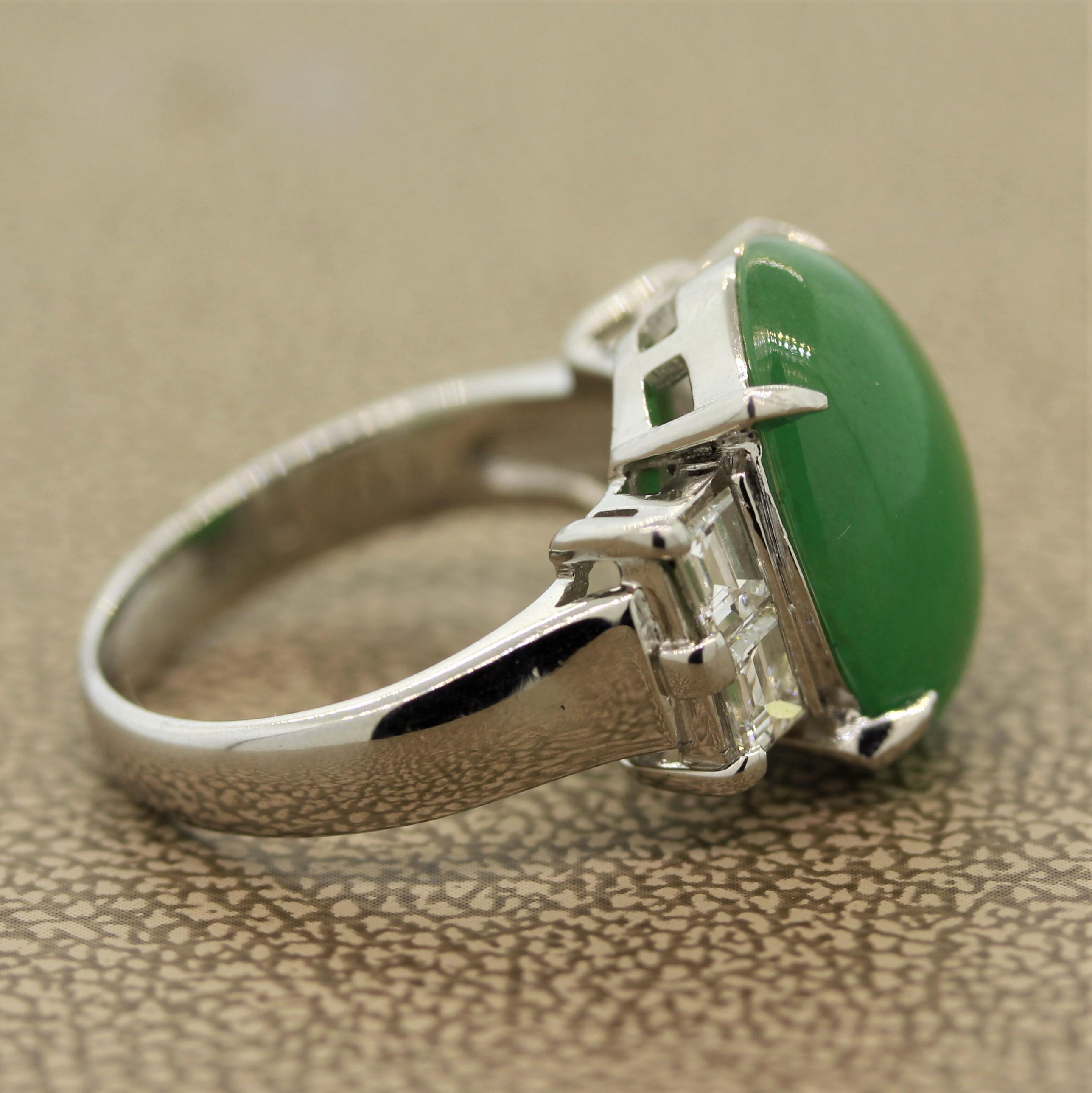 Cabochon Classic Jadeite Jade Diamond Platinum Ring For Sale