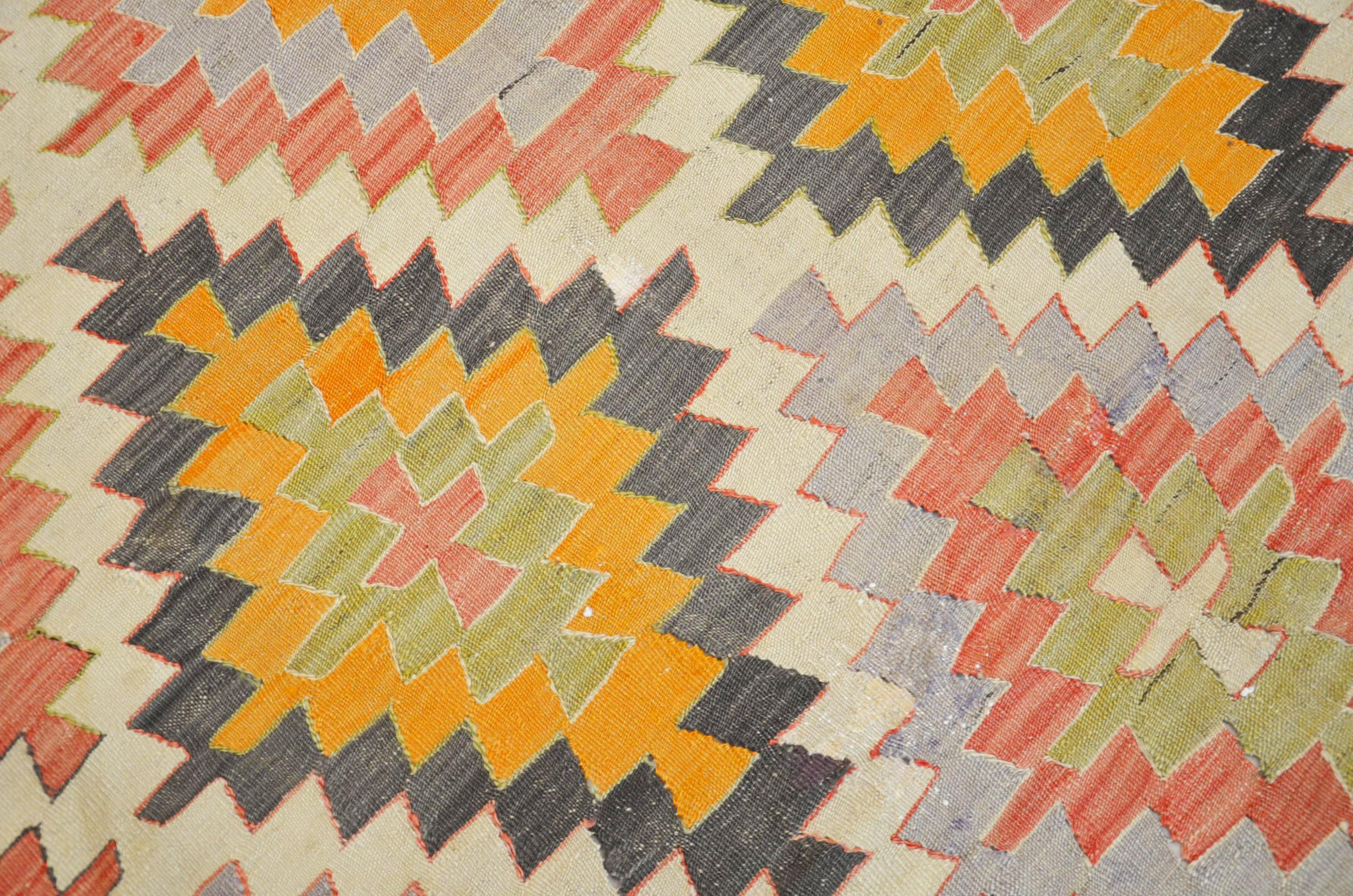 Wool Classic Kilim, Multi-Color Geometric Design. 3.65 X 1.75