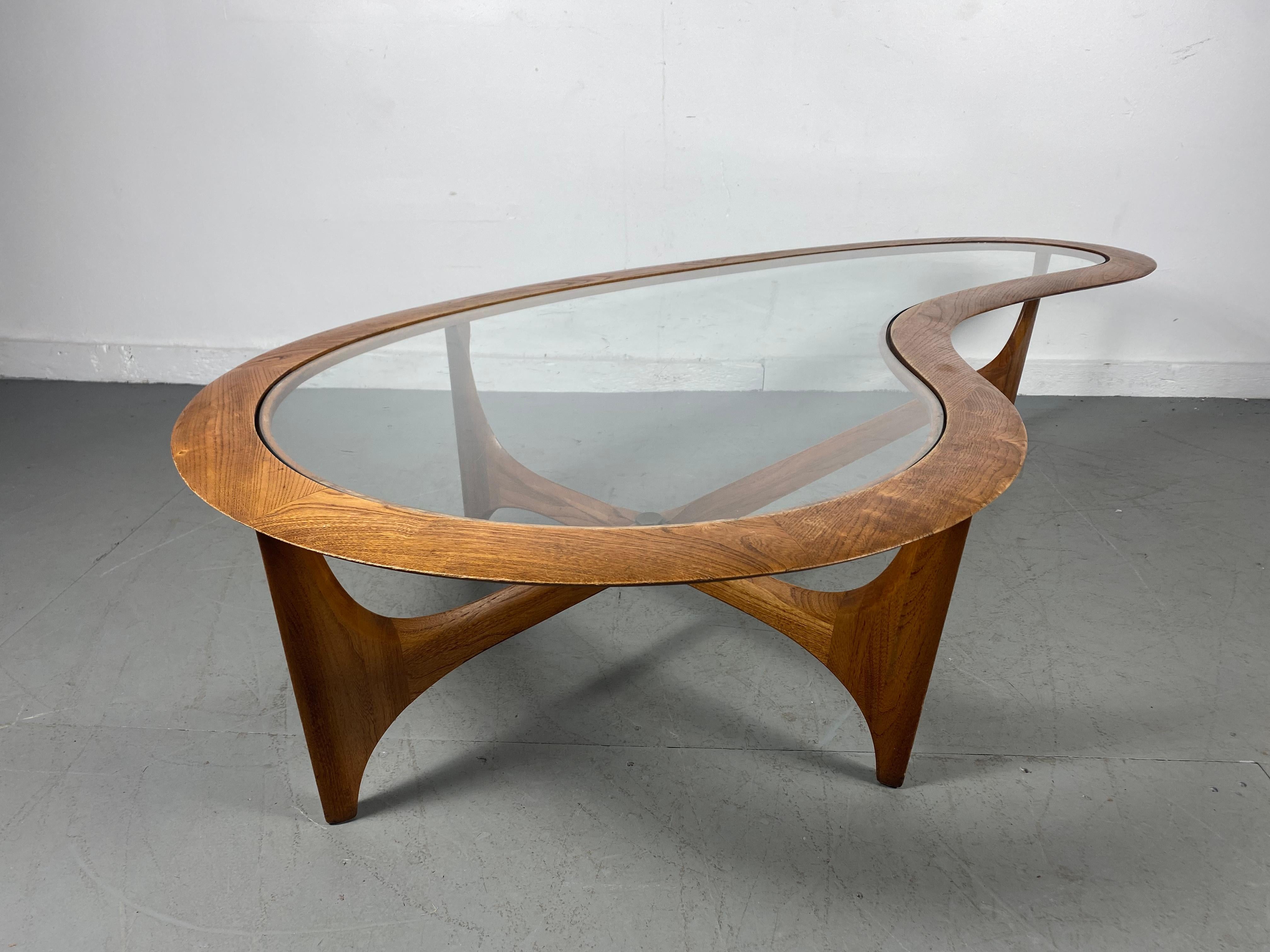 Mid-Century Modern Classic Lane Glass and Walnut Kidney Shape Coffee / Cocktail Table