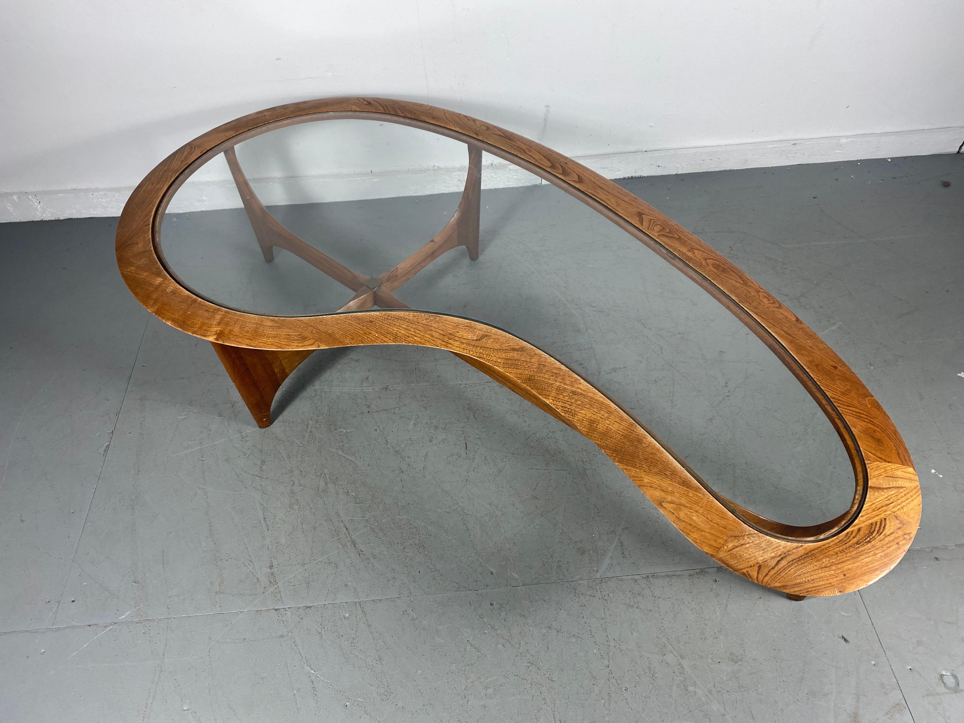 Mid-20th Century Classic Lane Glass and Walnut Kidney Shape Coffee / Cocktail Table
