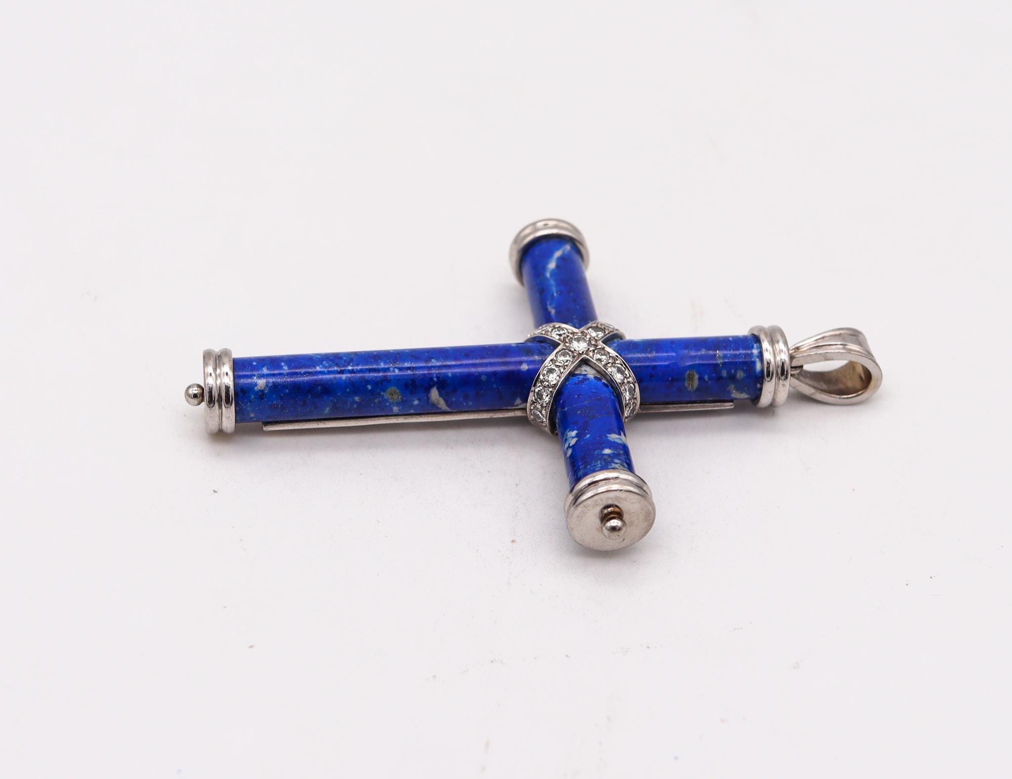 Modern Classic Lapis Lazuli Cross Pendant in 18kt White Gold with 1.02 Cts in Diamonds For Sale