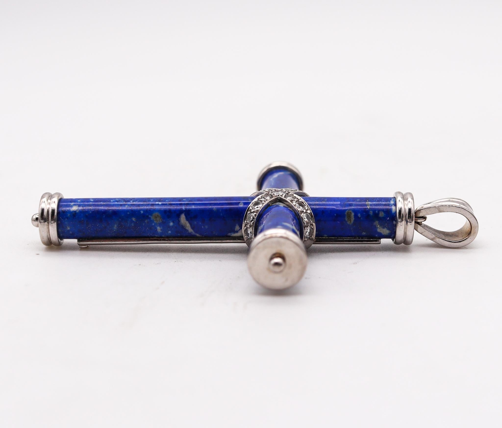 Brilliant Cut Classic Lapis Lazuli Cross Pendant in 18kt White Gold with 1.02 Cts in Diamonds For Sale