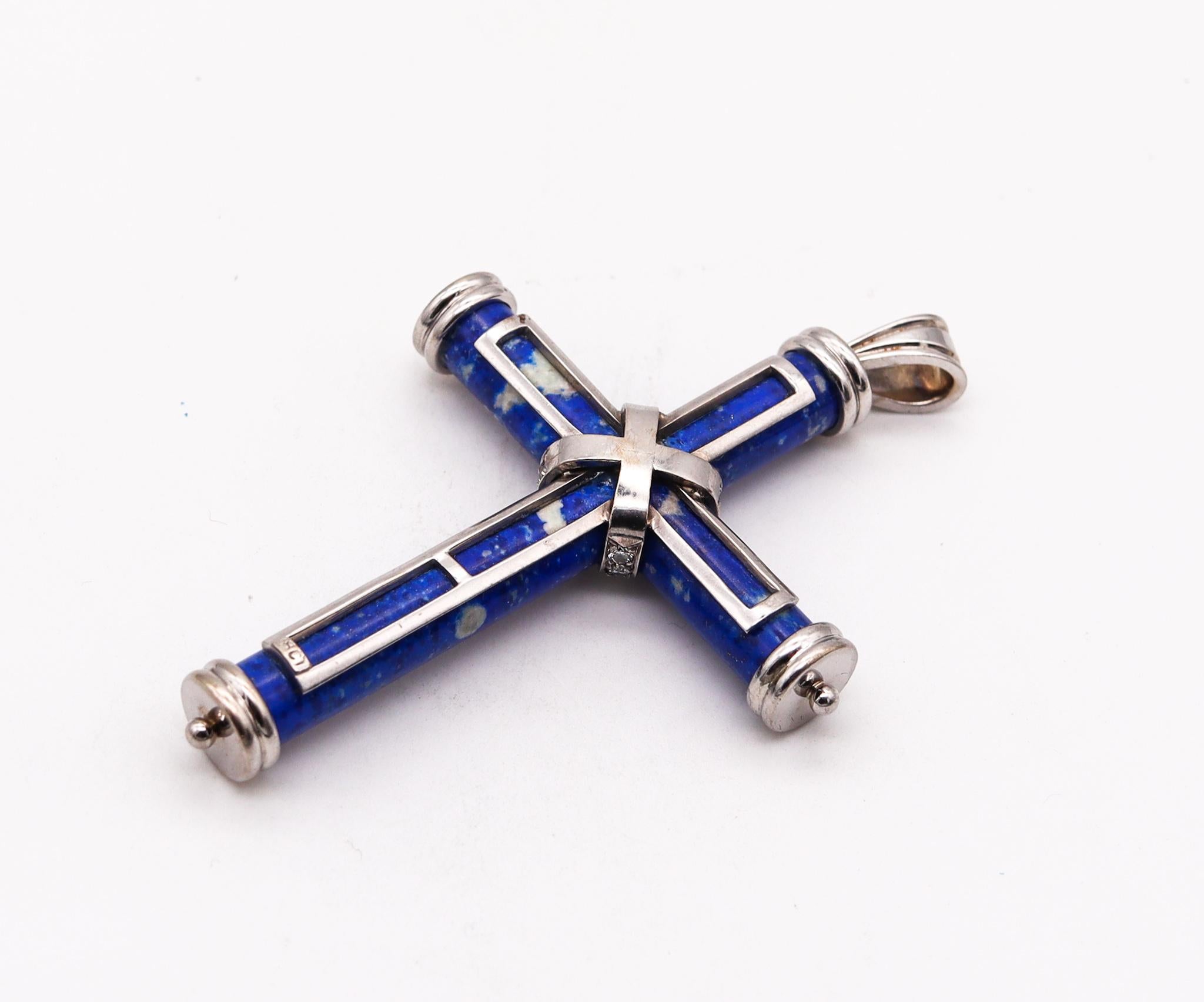 Classic Lapis Lazuli Cross Pendant in 18kt White Gold with 1.02 Cts in Diamonds In Excellent Condition For Sale In Miami, FL