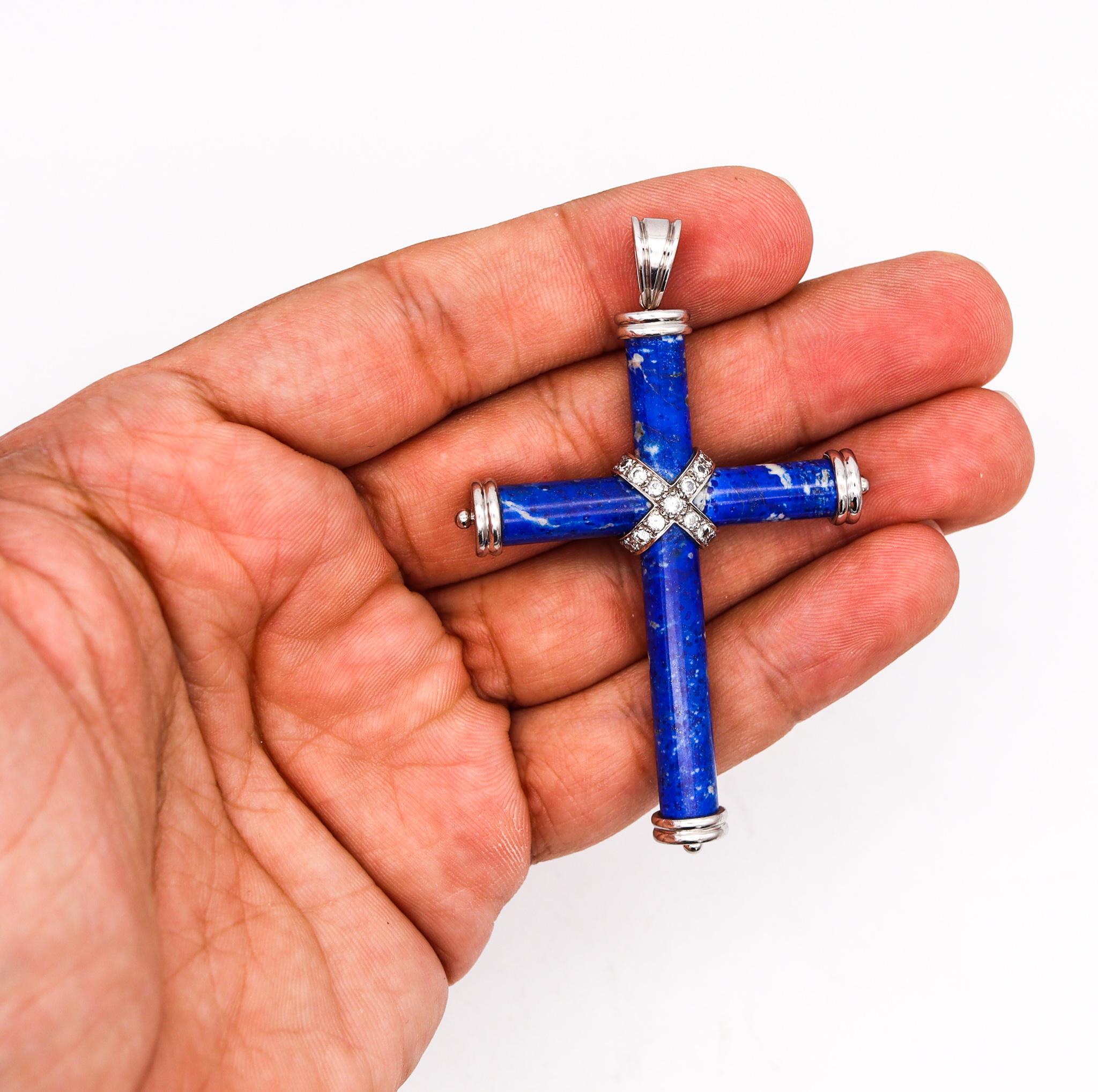 Classic Lapis Lazuli Cross Pendant in 18kt White Gold with 1.02 Cts in Diamonds For Sale 1