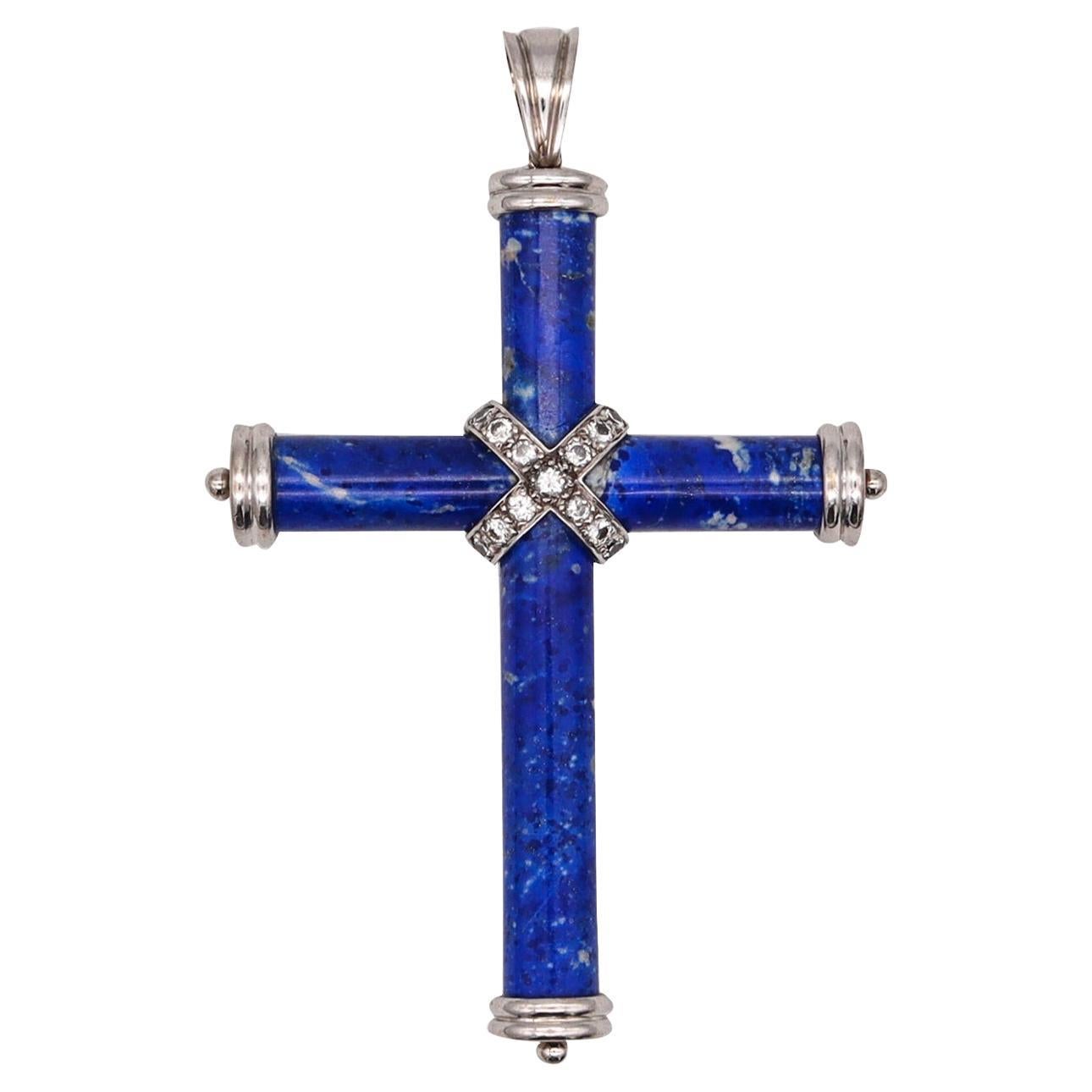 Classic Lapis Lazuli Cross Pendant in 18kt White Gold with 1.02 Cts in Diamonds For Sale