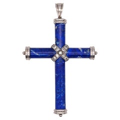 Classic Lapis Lazuli Cross Pendant in 18kt White Gold with 1.02 Cts in Diamonds