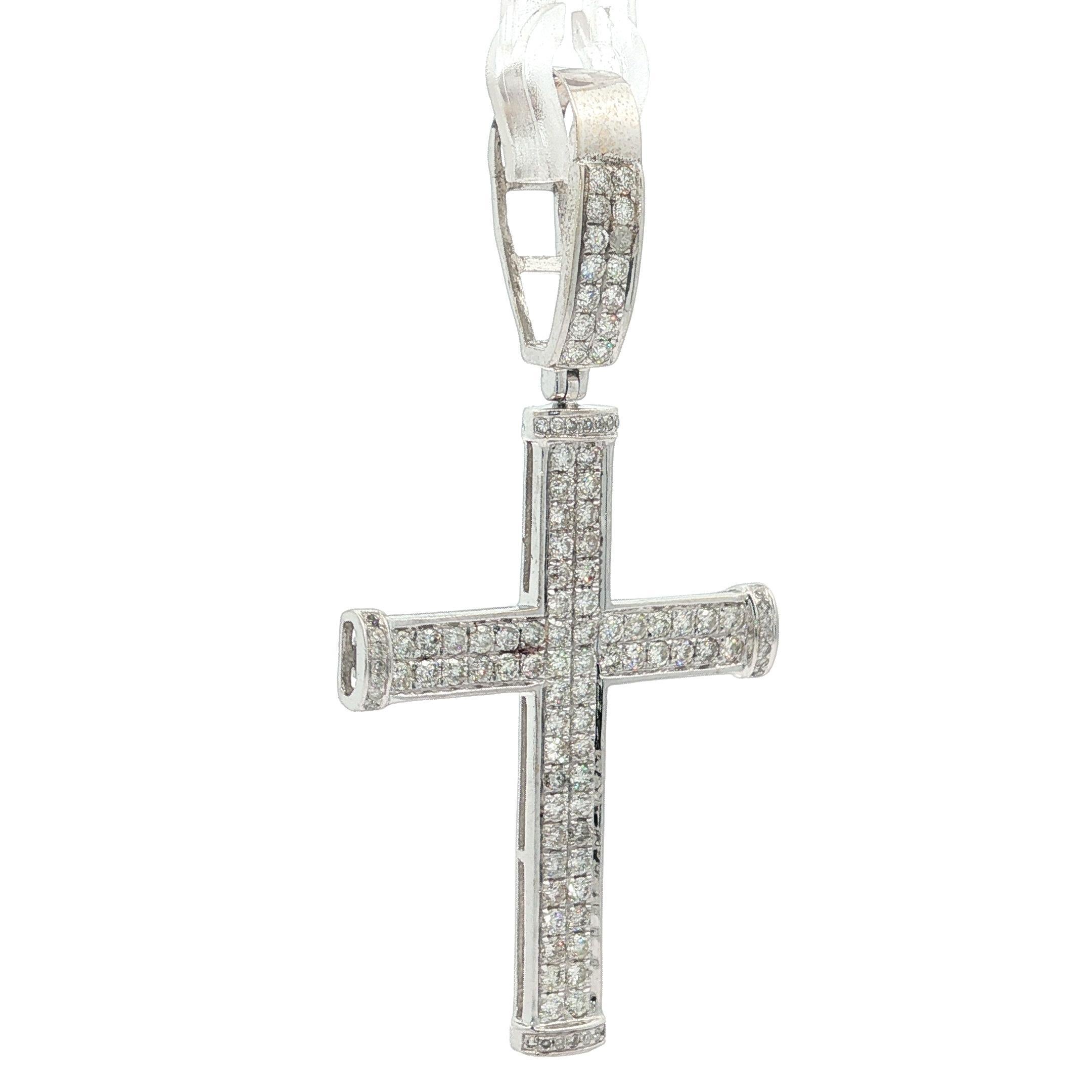 Brilliant Cut Classic Large 10k White Gold 1ctw Round Cut Pave Set Diamond Cross Pendant