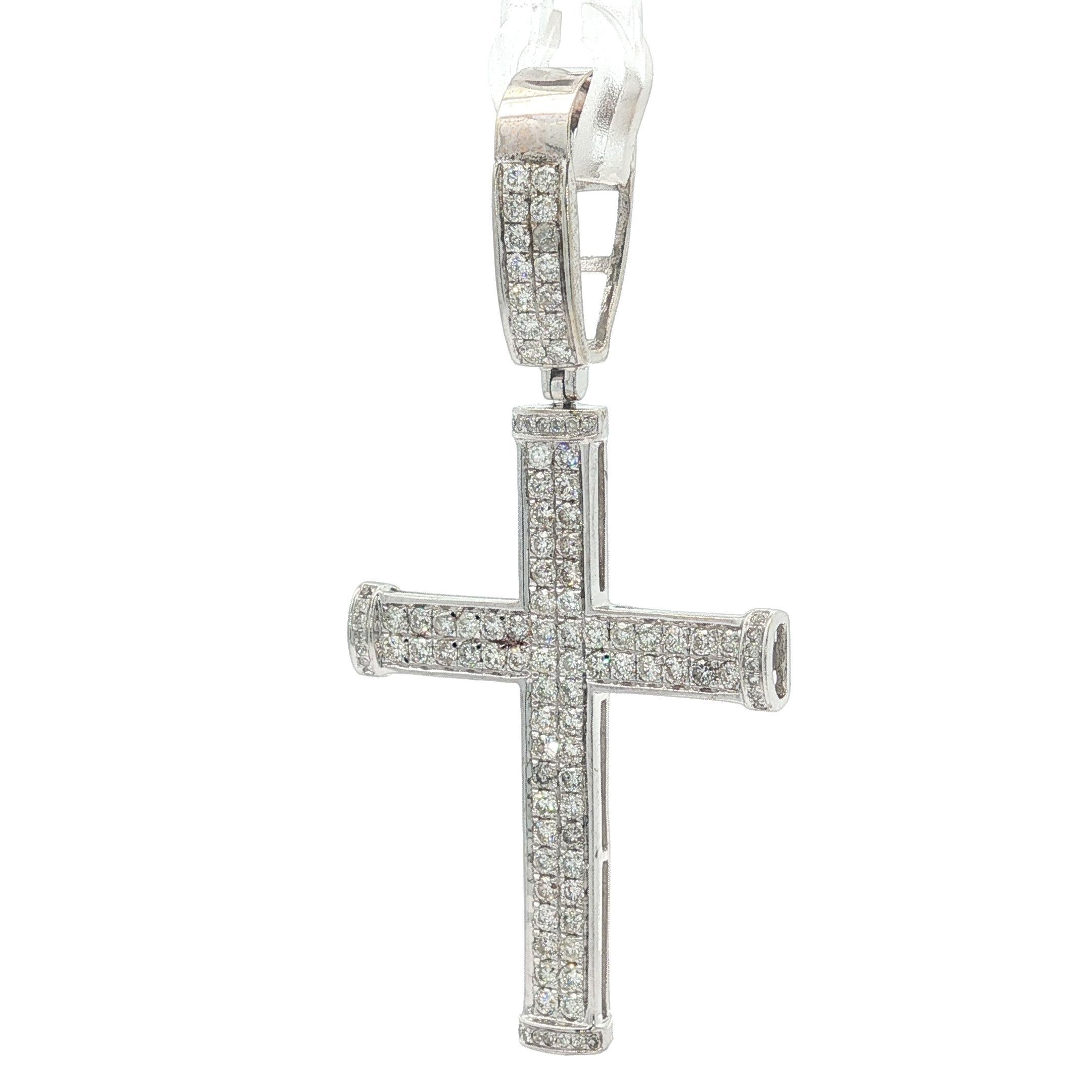 Women's or Men's Classic Large 10k White Gold 1ctw Round Cut Pave Set Diamond Cross Pendant
