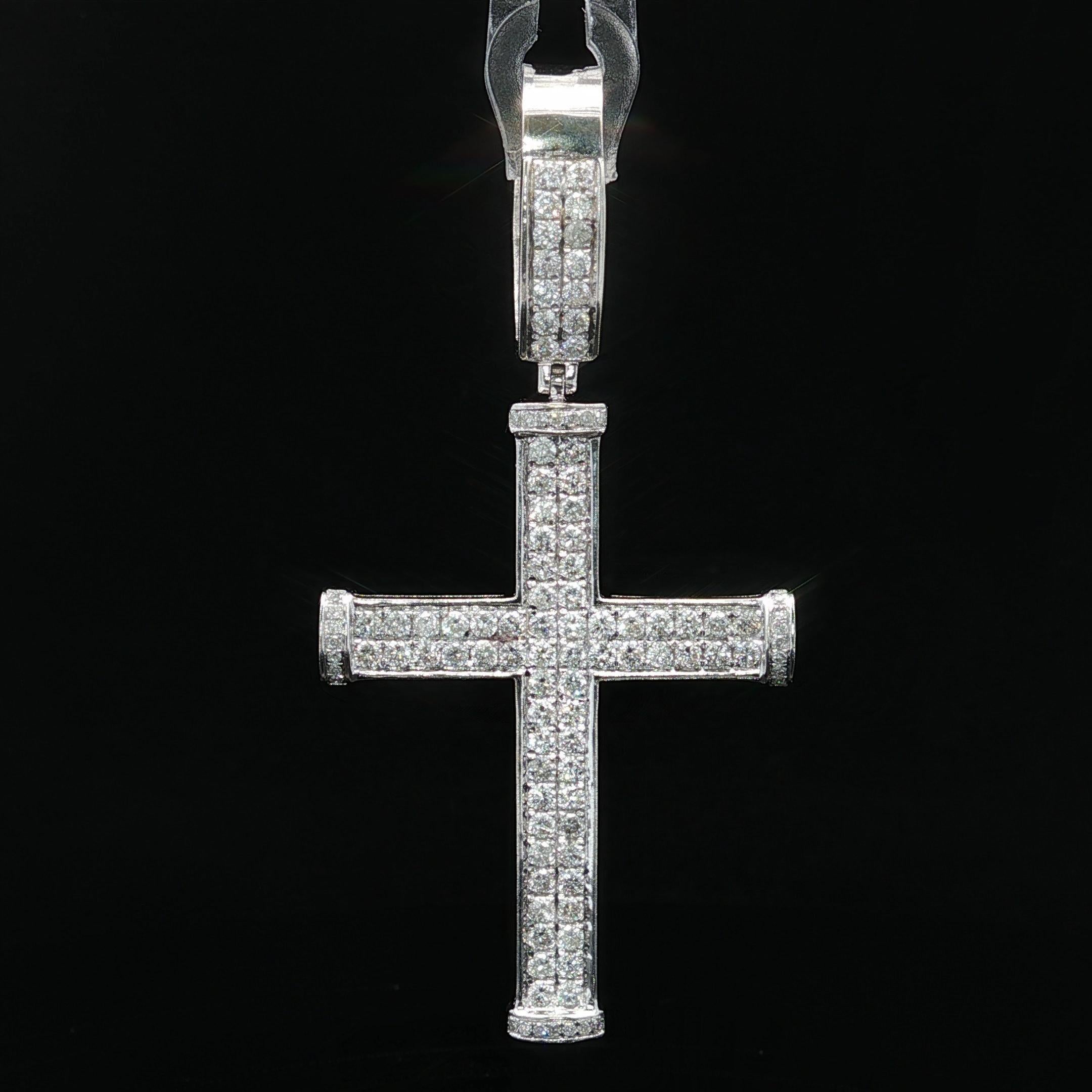 Classic Large 10k White Gold 1ctw Round Cut Pave Set Diamond Cross Pendant 1