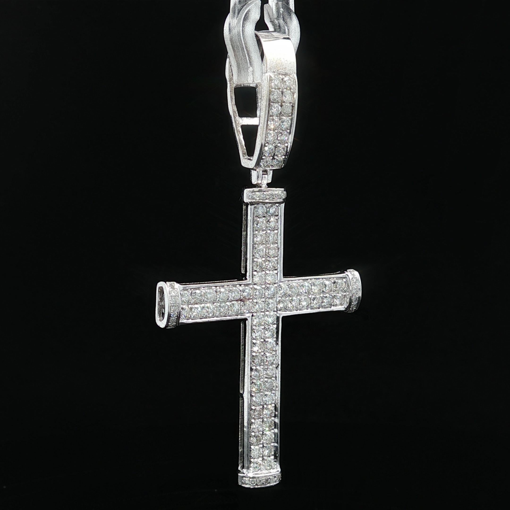 Classic Large 10k White Gold 1ctw Round Cut Pave Set Diamond Cross Pendant 2