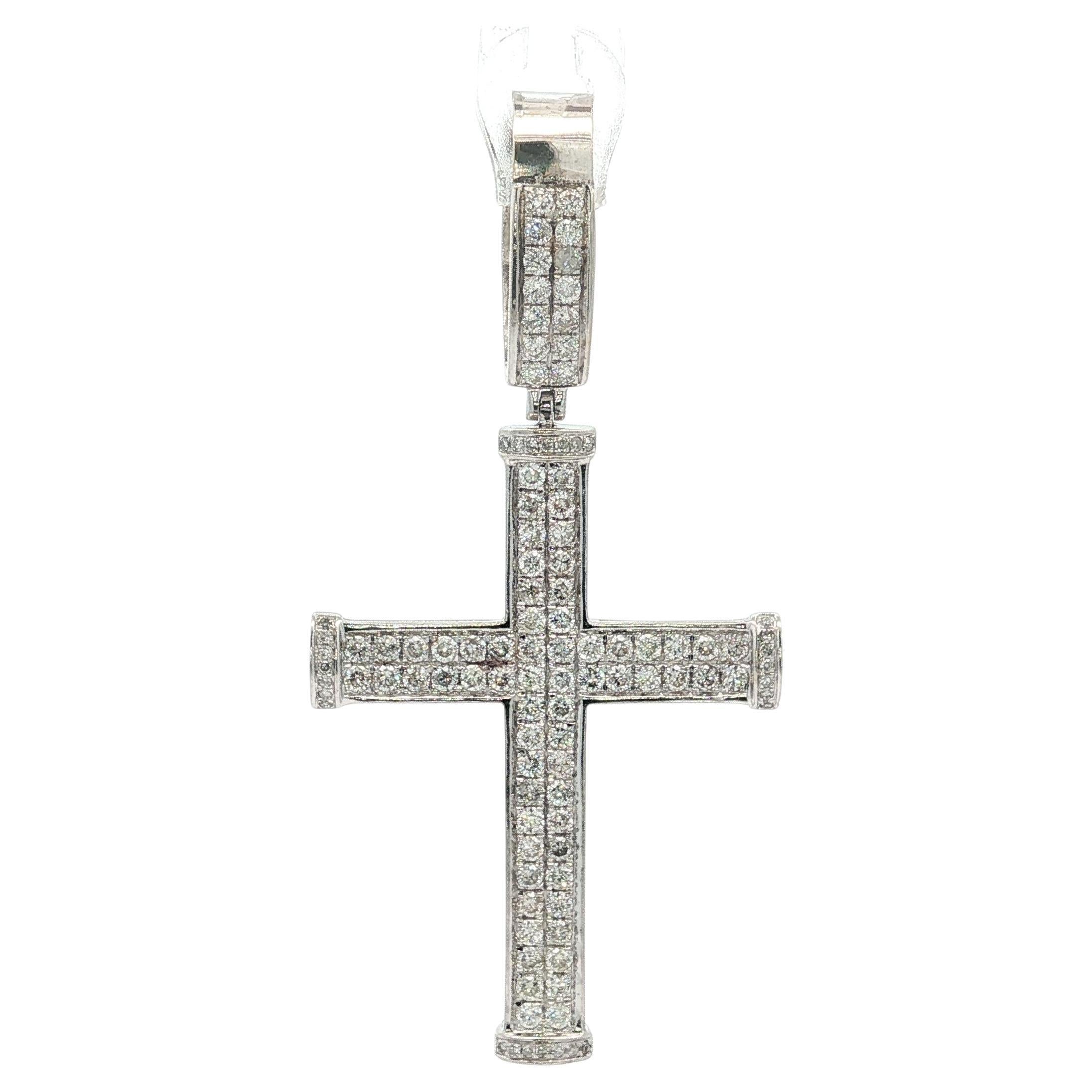 Classic Large 10k White Gold 1ctw Round Cut Pave Set Diamond Cross Pendant