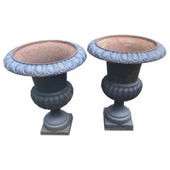 Classic Large Pair of Black Cast Iron Garden Urns