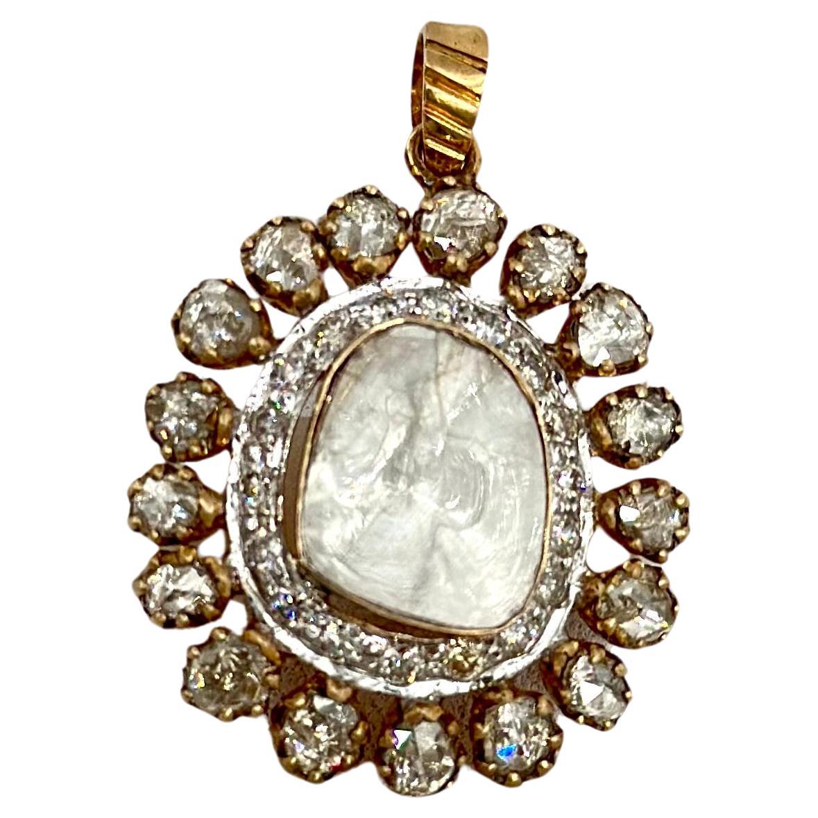 Classic large Uncut diamond brilliant and rose cut diamonds solid gold pendant For Sale