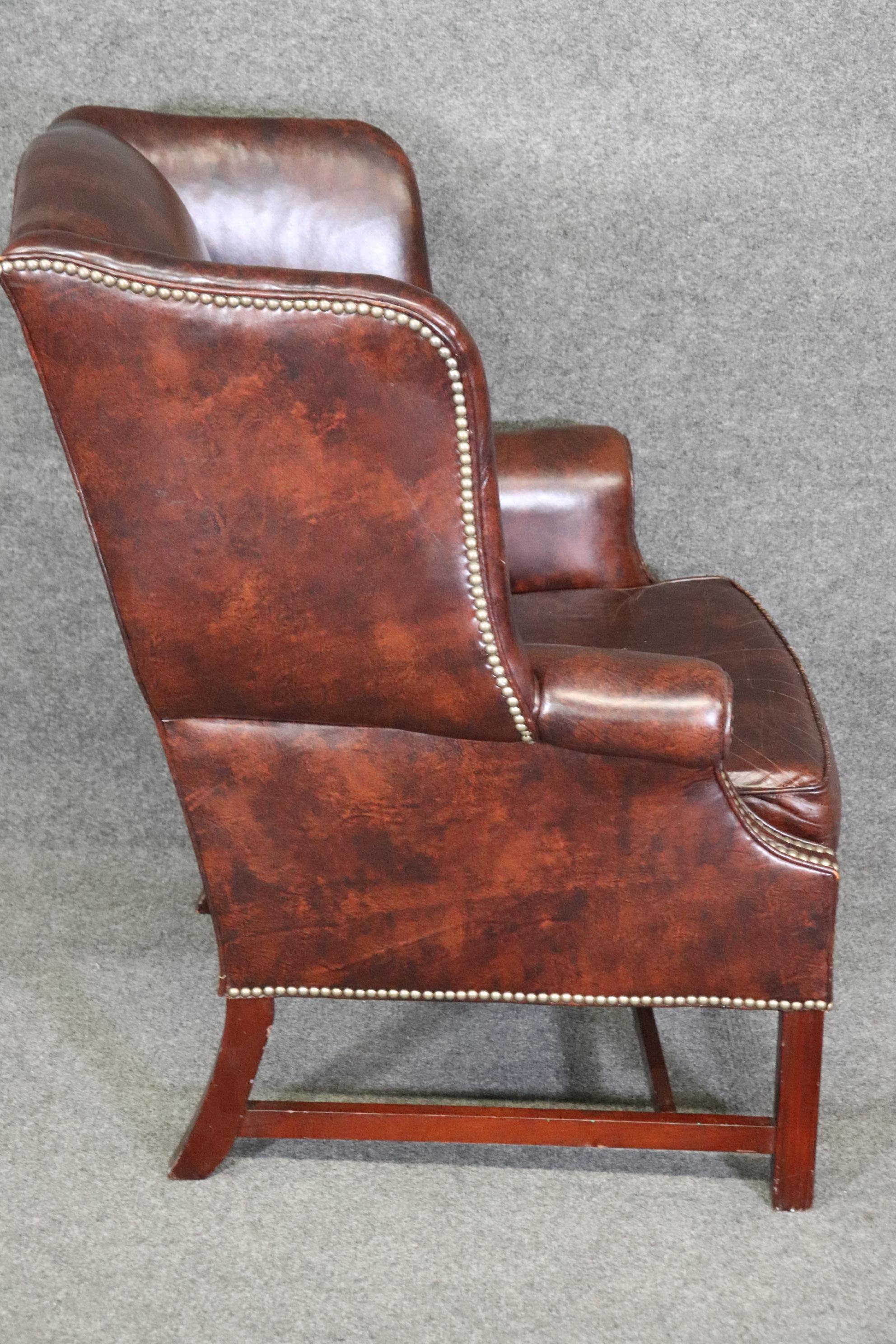 Classic Leather Antique Patinated Brown Genuine Leather Chippendale Armchair In Good Condition In Swedesboro, NJ