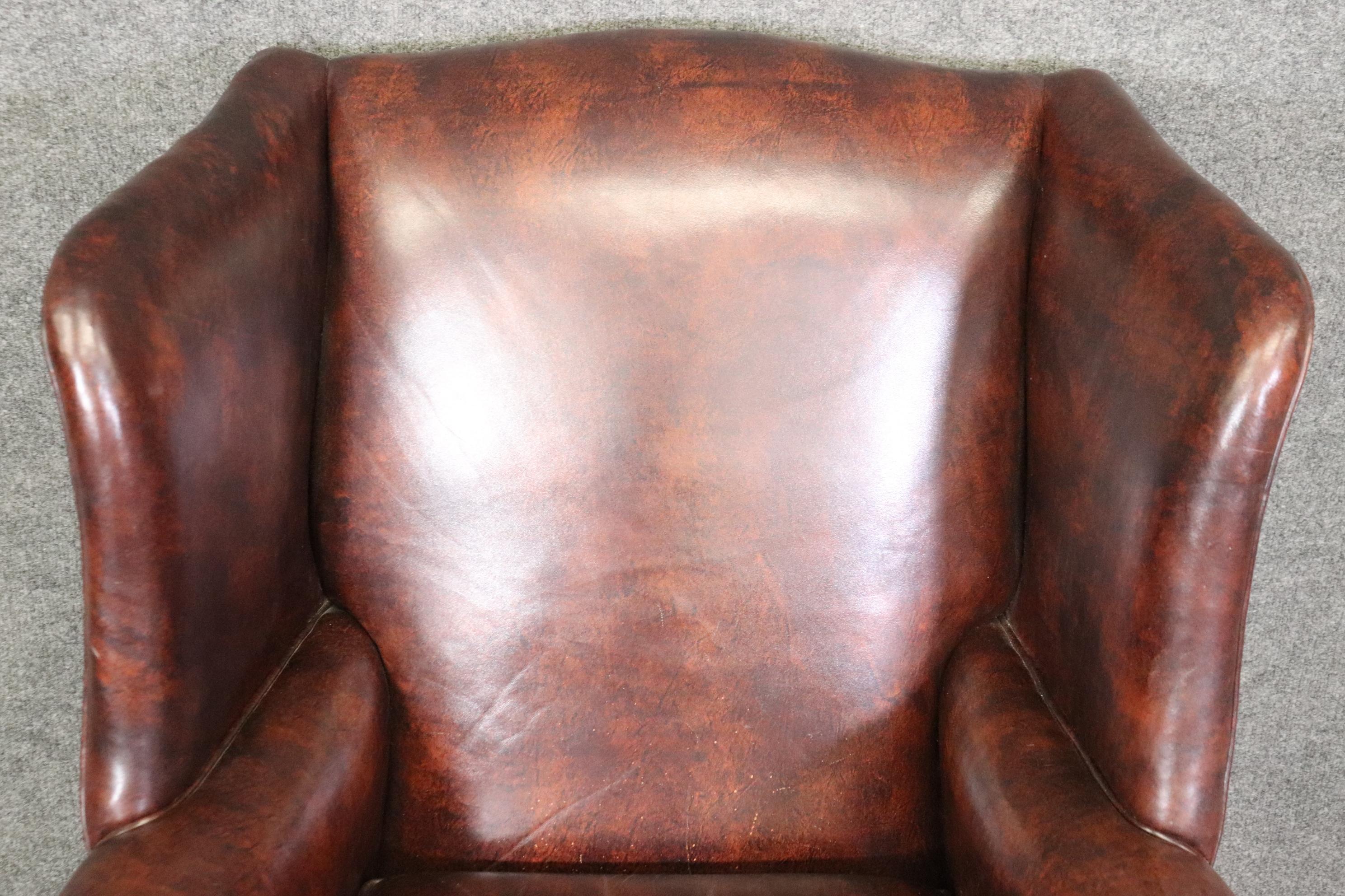 Late 20th Century Classic Leather Antique Patinated Brown Genuine Leather Chippendale Armchair