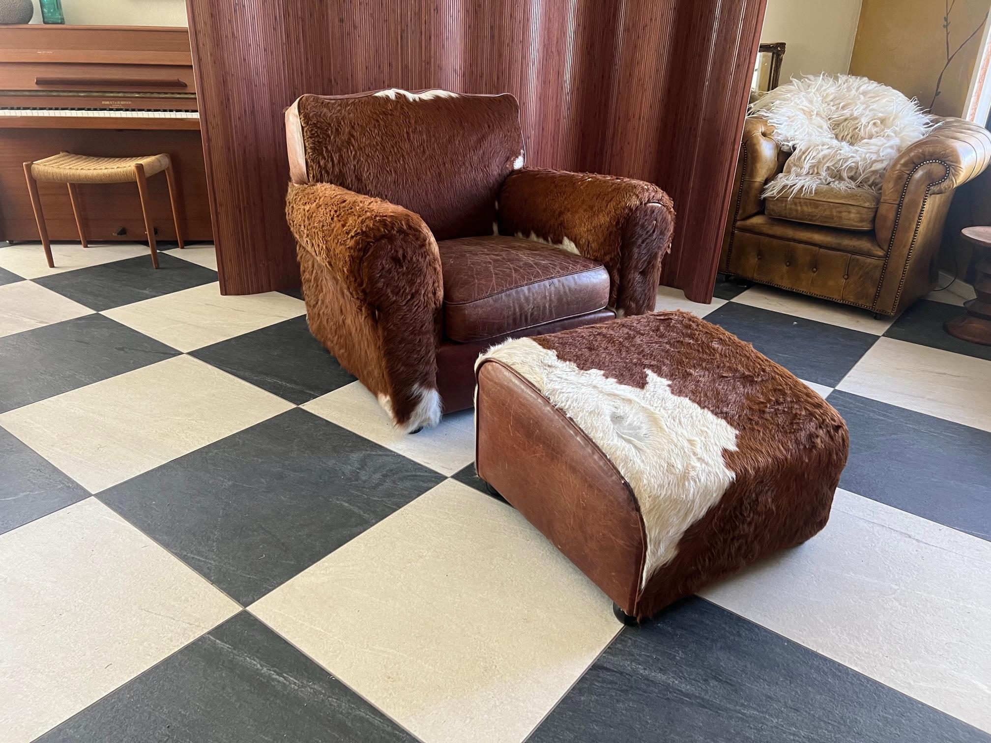 Unknown Classic French western Leather Hide Chair and Ottoman in Excellent Condition