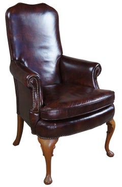 Classic Leather Mahogany Queen Anne Nailhead Accent Armchair Club Desk Library