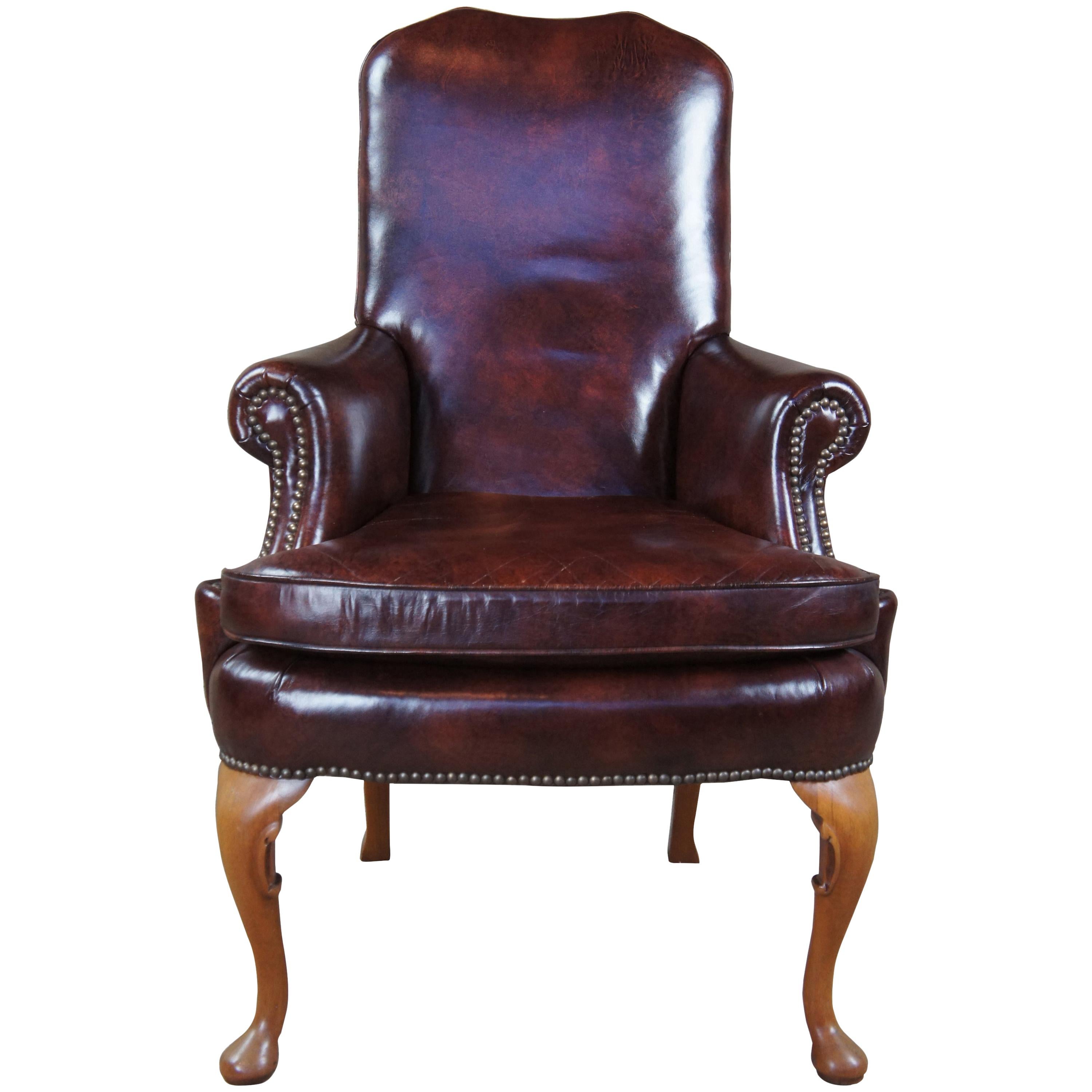 Classic Leather Mahogany Queen Anne Nailhead Accent Armchair Club Desk Library