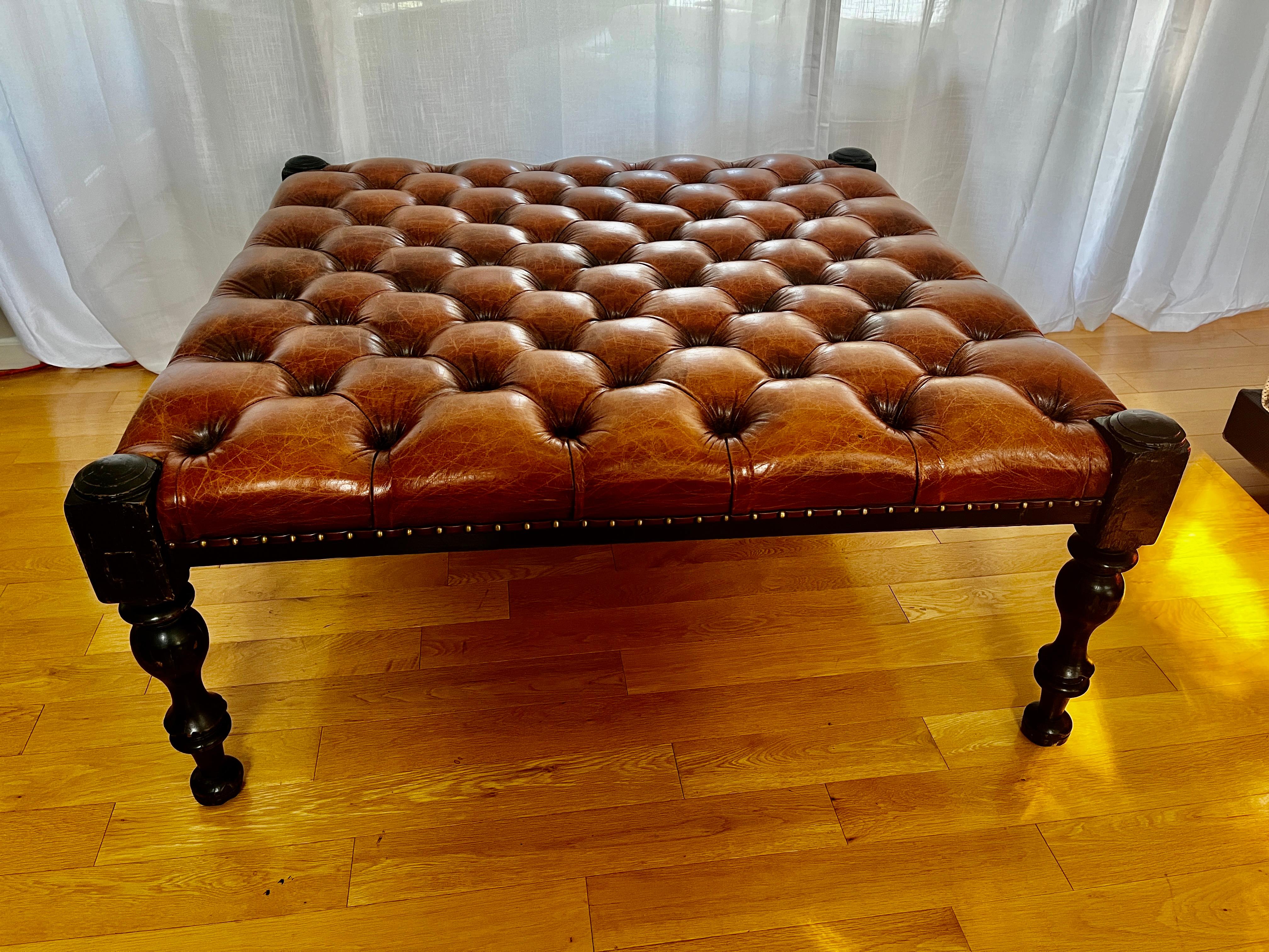 Classic Leather Ottoman/Coffee Table with Nailhead Trim in the style of Ralph Lauren