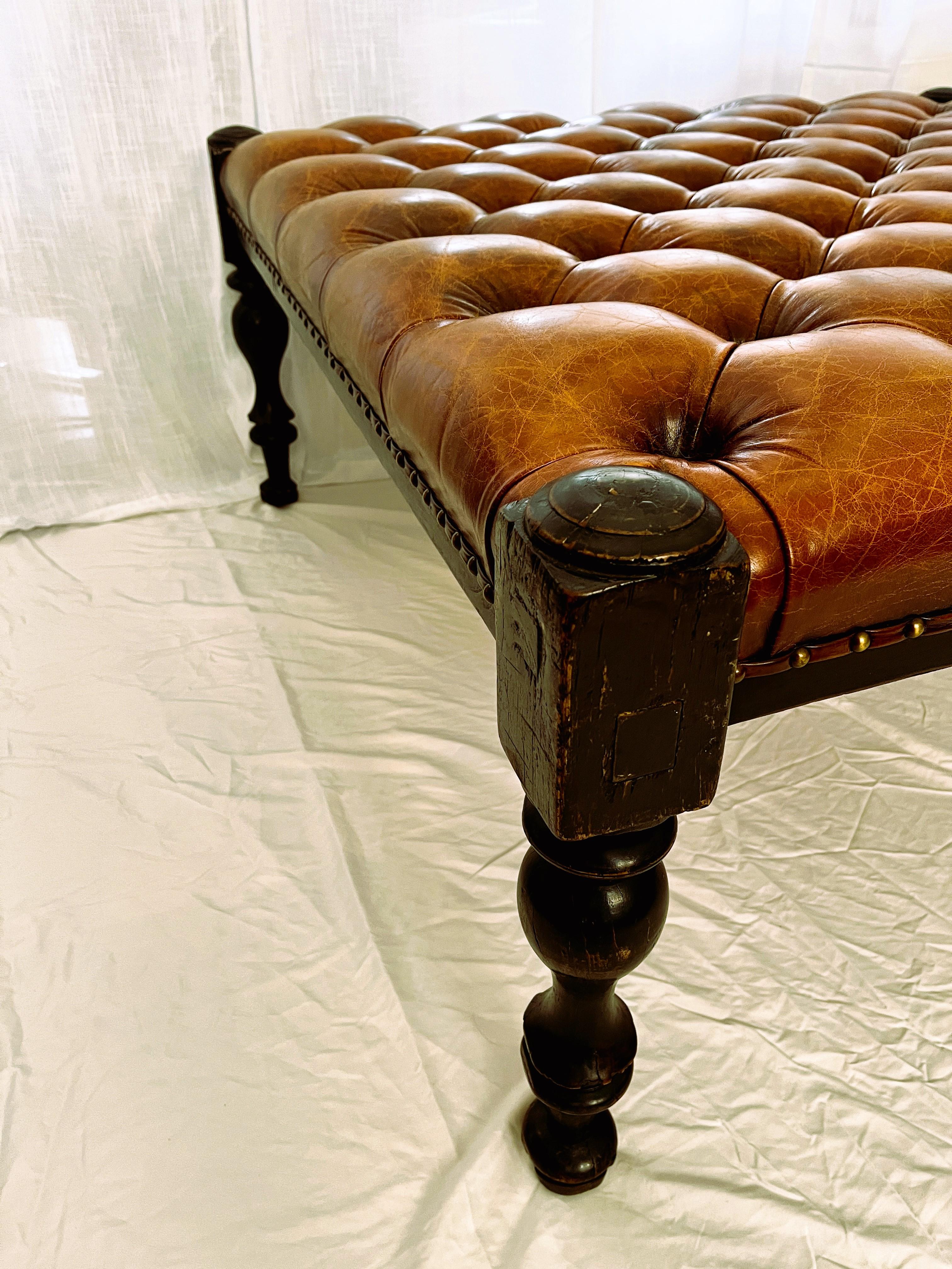 Classic Leather Ottoman/Coffee Table, Nailhead Trim in the style of Ralph Lauren In Good Condition In Southampton, NJ