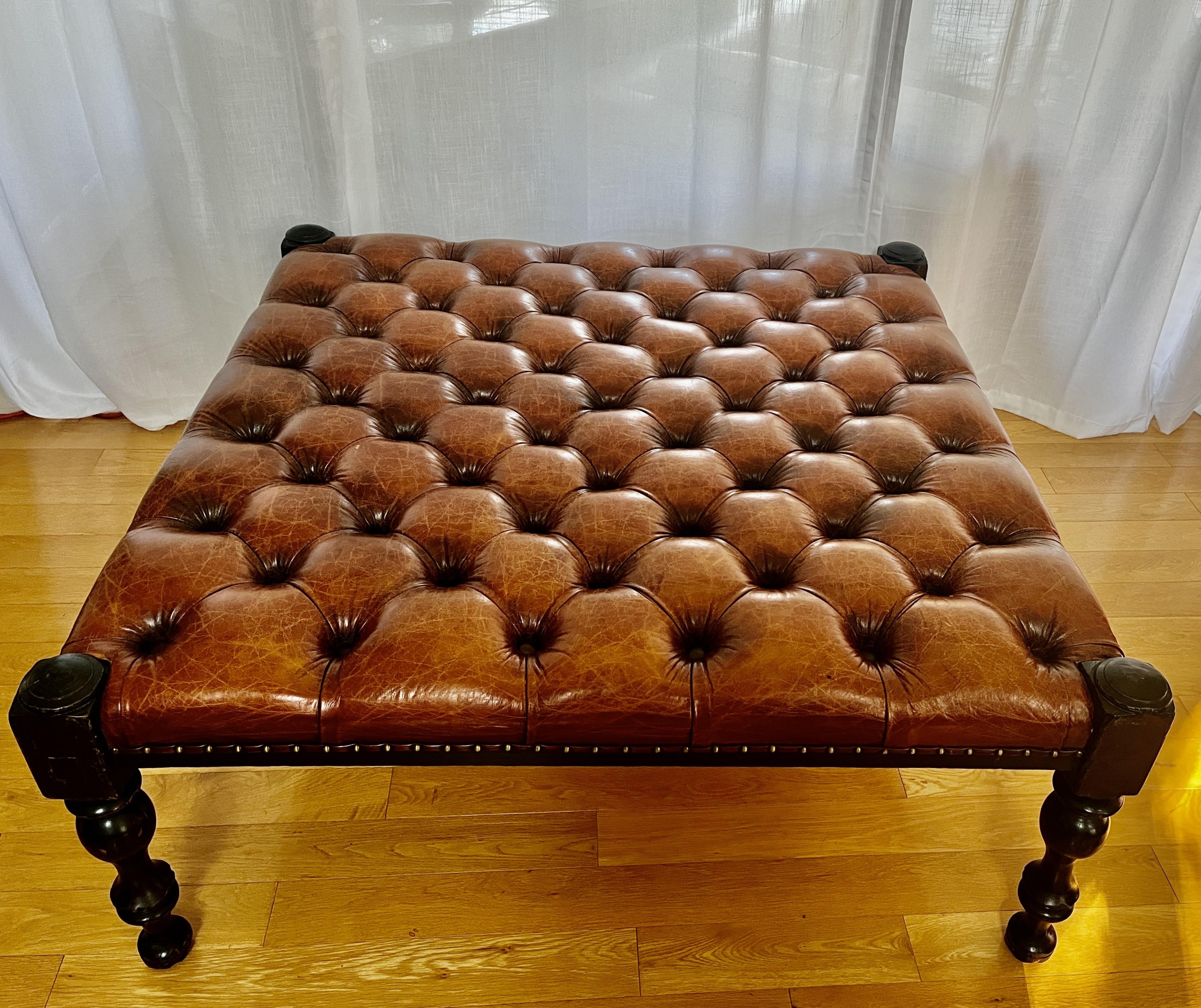 Classic Leather Ottoman/Coffee Table, Nailhead Trim in the style of Ralph Lauren