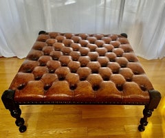 Classic Leather Ottoman/Coffee Table, Nailhead Trim in the style of Ralph Lauren