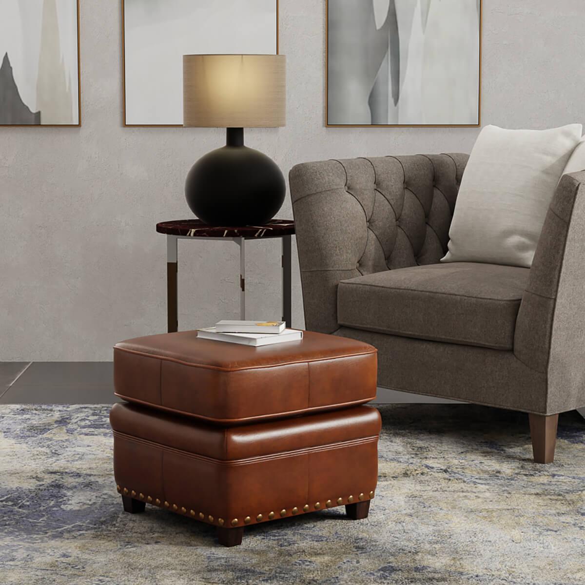 Contemporary Classic Leather Ottoman For Sale