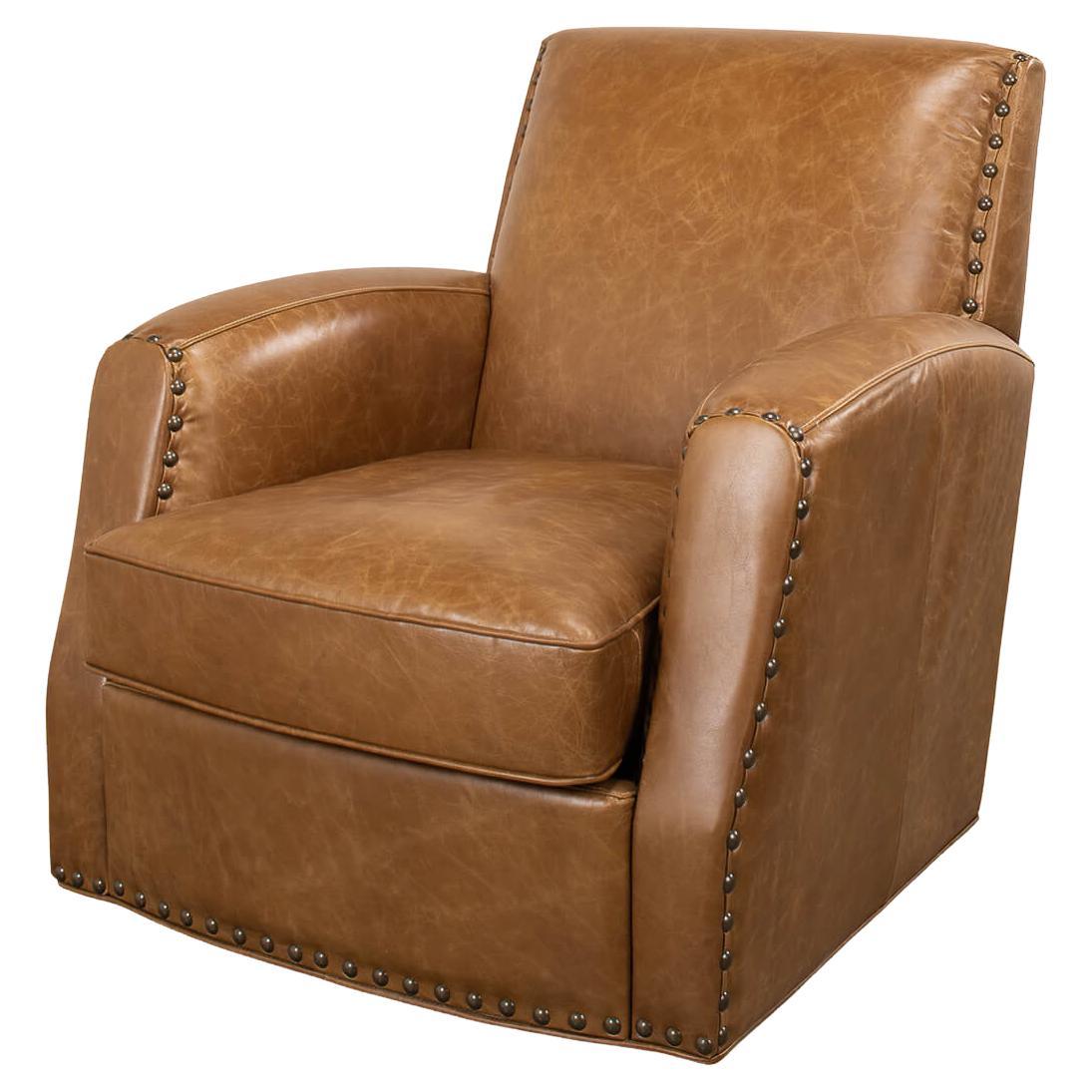 Classic Leather Swivel Armchair For Sale