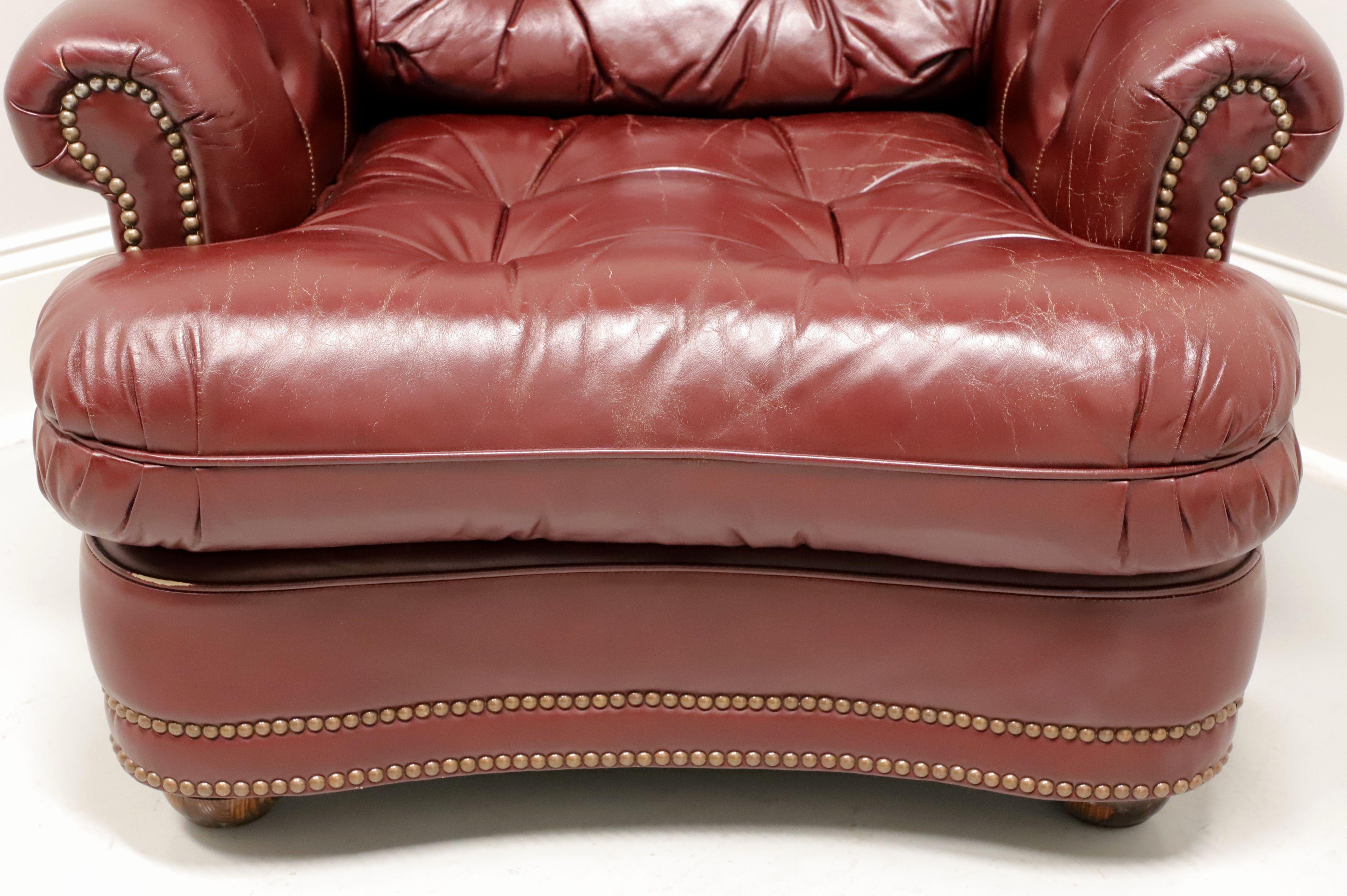 Wood CLASSIC LEATHER Top Grain Burgundy Leather Tufted Lounge Armchair with Ottoman