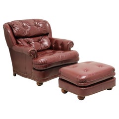 CLASSIC LEATHER Top Grain Burgundy Leather Tufted Lounge Armchair with Ottoman