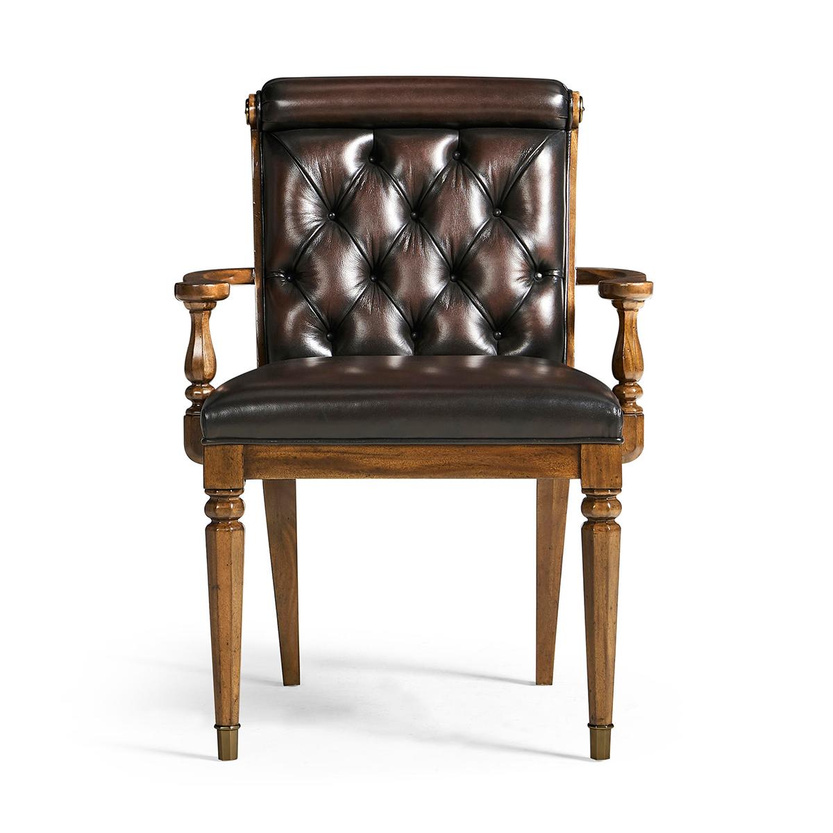 This chair is masterfully crafted from the finest materials, featuring hand-glazed antique leather upholstery that brings a vintage charm and a deep sense of history to any room. 

The chair has a durable mahogany frame, soft foam cushioning, and