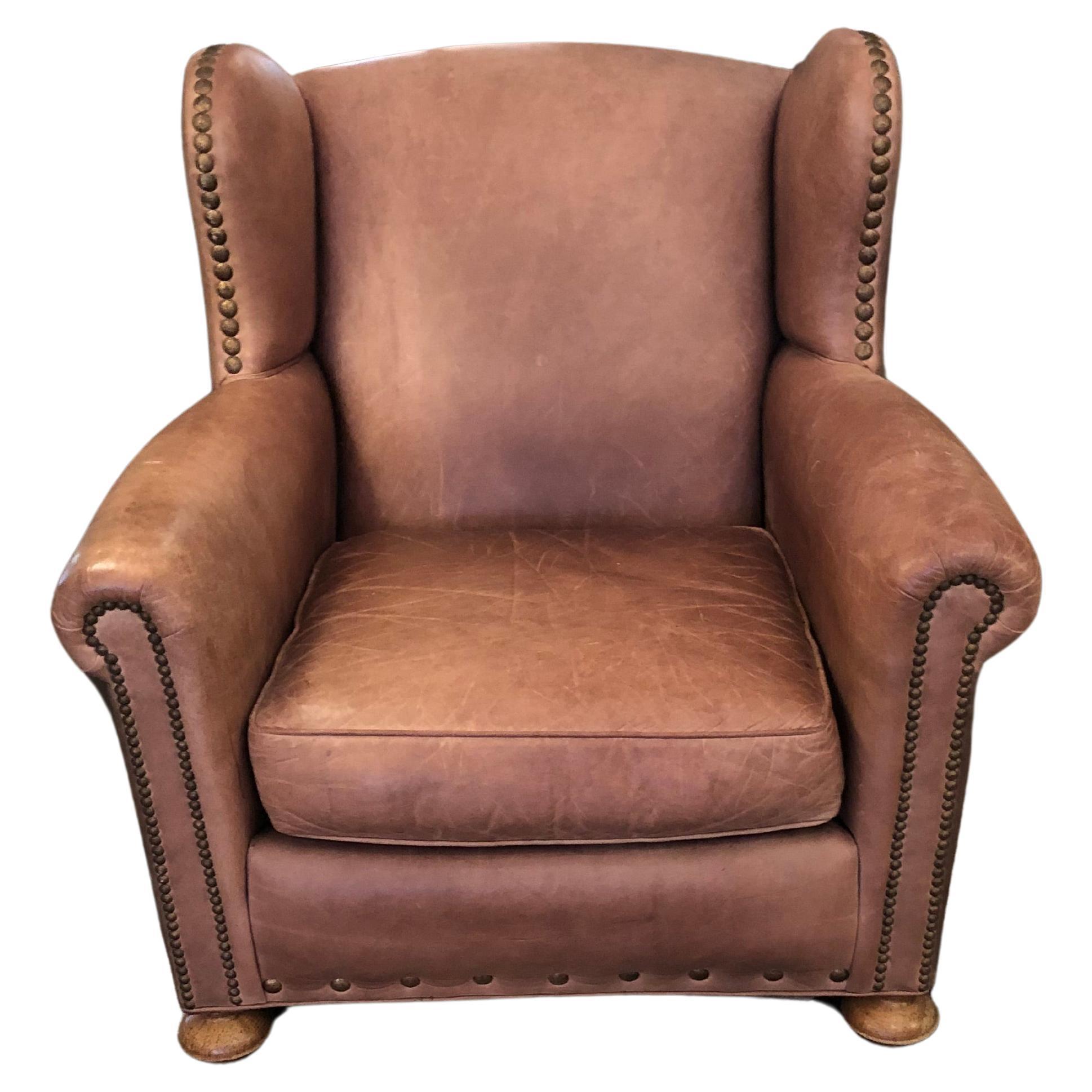 Classic Lee Industries Brown Leather Club Chair For Sale