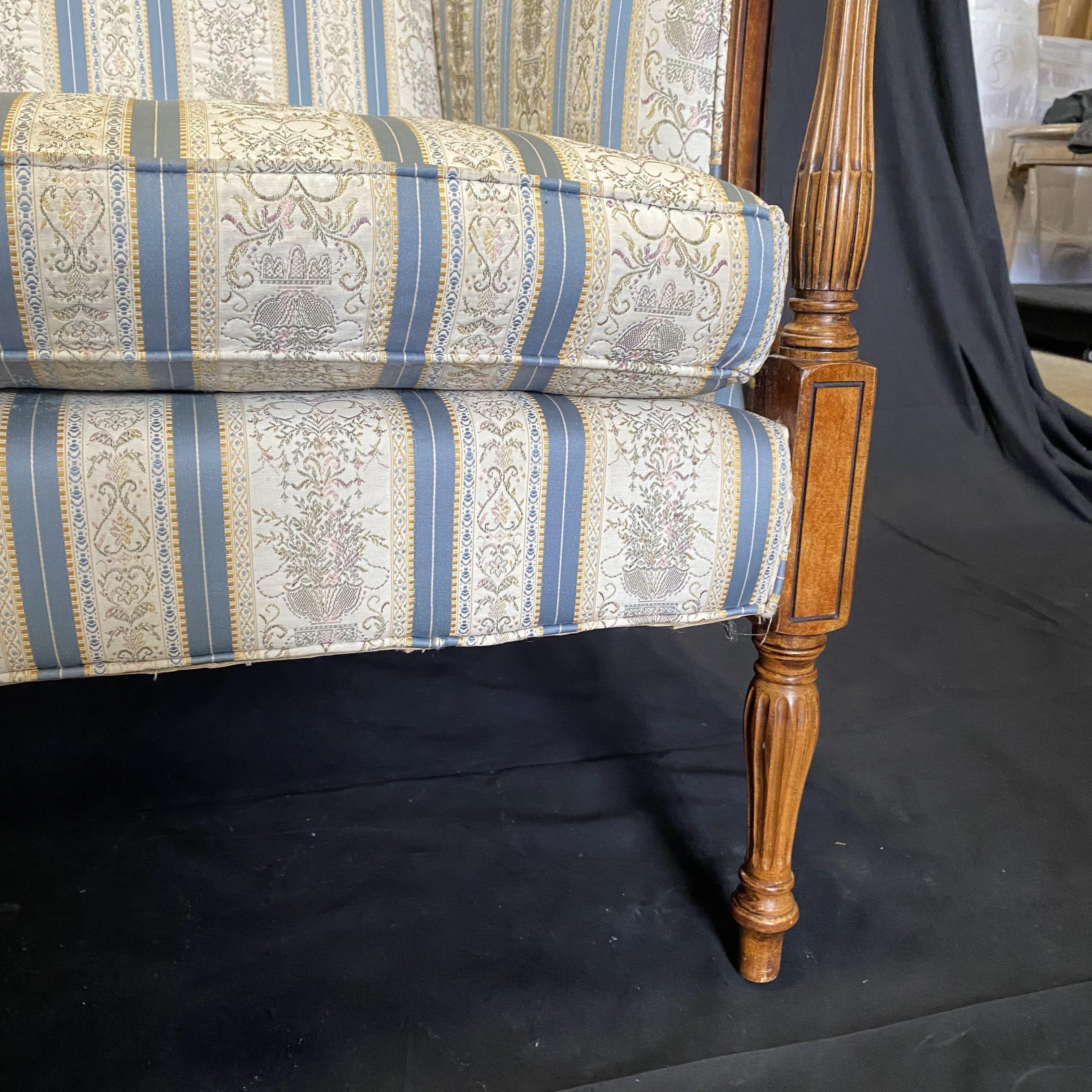 Upholstery Classic Louis XV Style Carved Walnut Sofa or Canape with Reeded Legs